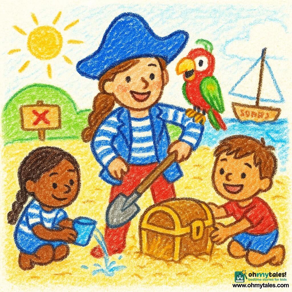 Captain May, a woman smiling with joy and confidence in bright red boots, a blue pirate hat, a striped jacket and holding a small wooden shovel as she pulls a shiny chest from the sand; Nia, about 8 with braided hair in a striped shirt, crouched to May’s left pouring water from a cup to loosen the sand; Ben, about 9 with short sandy hair holding a sticky map with a jam stain and pulling the chest to May’s right; Pip the colorful parrot with bright green and red feathers perched on May’s shoulder shouting; a round green island with a wooden sign marked with a red X, soft yellow sandy beach, small blue waves, and the boat “Sunny Shell” with a white sail near the shore; main scene: they pull a small sparkling chest out of the sand, sand flying like little glitter, laughing faces, simple colorful shapes in a childlike crayon style.