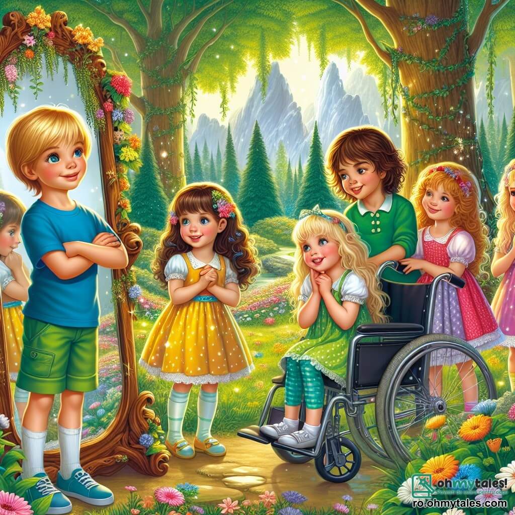 Într-o poieniță fermecată din Pădurea Smarald, cinci copii stau împreună, înconjurați de flori colorate și copaci mari cu frunze strălucitoare. Alex, un băiat de 10 ani cu părul blond, poartă un tricou albastru și o pereche de pantaloni scurți verzi, zâmbind curios. Maria, o fetiță de 9 ani cu ochi albaștri și părul brun în două codițe, este fascinată de reflecția sa într-o oglindă mare din lemn, îmbrăcată într-o rochie galbenă cu buline albe. Ionuț, un băiat de 11 ani în scaun cu rotile, are părul șaten și poartă un hanorac roșu, zâmbind cu bucurie și determinare. Clara și Lia, două surori gemene de 8 ani cu părul lung și creț, râd împreună în timp ce privesc o oglindă magică ce le arată imagini din visele lor. Poienița este iluminată de o lumină aurie, cu raze de soare filtrându-se printre crengile copacilor, creând o atmosferă magică. Copiii descoperă Oglinzile Adevărului, oglinzi magice care le dezvăluie esența adevărată și curajul interior, pregătindu-se să învețe o lecție valoroasă despre lumina care strălucește în fiecare dintre ei.