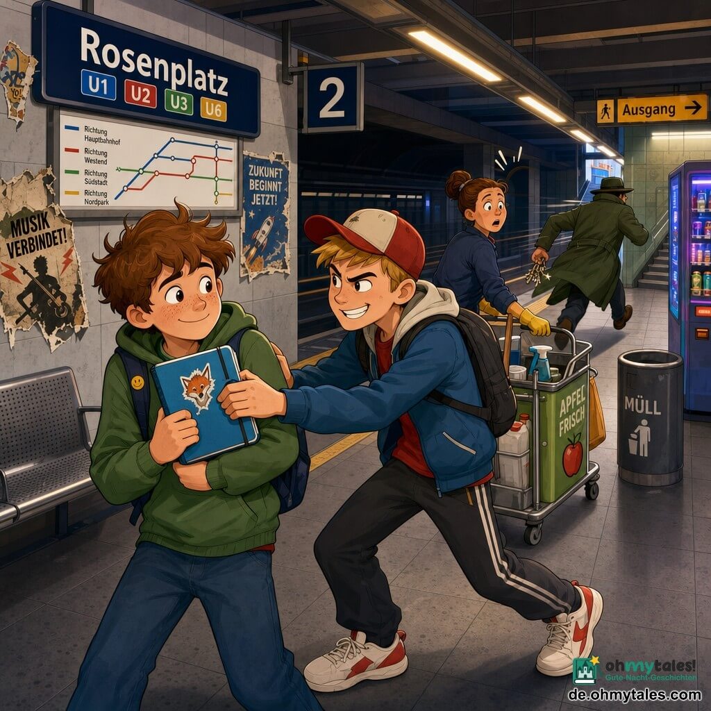 Ein etwa 12-jähriger Junge mit rundem Gesicht, Sommersprossen und zerzausten braunen Haaren hält erleichtert und stolz ein kleines blaues Notizbuch mit Gummiband und teilweise abgerissenem Fuchssticker an die Brust; neben ihm ein etwas größerer Junge mit Baseballkappe und schelmischem Lächeln hat das Heft mit beiden Händen geschnappt, in athletischer Sprinterhaltung; im Hintergrund eine etwa 40-jährige Reinigungskraft mit gelben Handschuhen und Dutt schaut überrascht und schiebt einen Wagen, ein als Beamter verkleideter Mann im zu großen grünen Mantel flieht zur Ausgangstür, falsche Schlüssel glänzen, die Szene spielt auf Bahnsteig 2 der U‑Bahnstation «Rosenplatz» (graue Fliesen, Metallbank, bunte Linien, warme Neonlichter, blinkender Automat, zerknitterte Plakate); Hauptsituation: Rückeroberung des gestohlenen Notizbuchs, Triumph und Freundschaft der beiden Jungen, der Betrüger flieht.