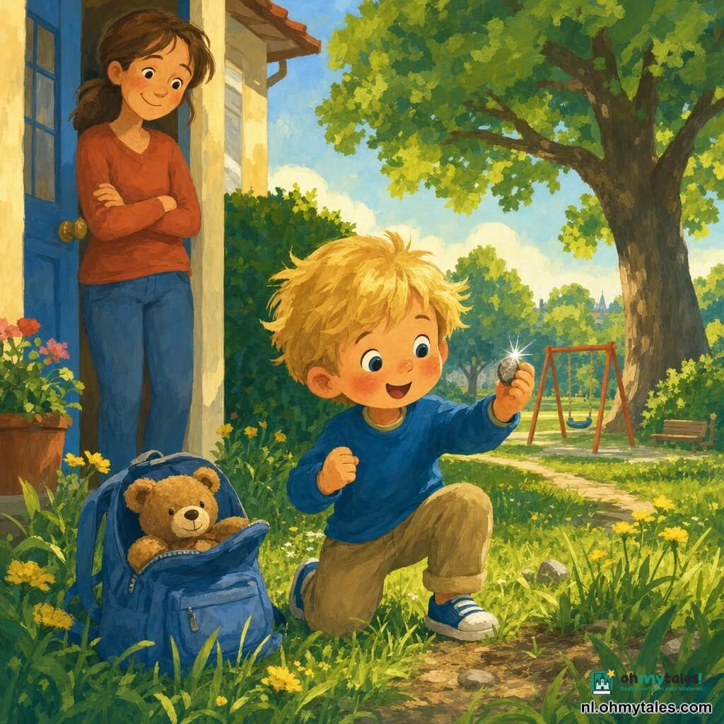 Een 4-jarige jongen met rond gezicht en rossige wangen, warrig blond haar en verwonderde glimlach kijkt met grote ogen naar een kleine glinsterende steen die hij in zijn hand houdt; zijn blauwe rugzak met het bruine knuffelbeer "Bennie" steekt er zichtbaar iets uit; zijn moeder met kastanjebruin haar in een paardenstaart staat liefdevol en trots bij de huisdeur; achtergrond: zonnige, kleurrijke achtertuin met groen gras, gele bloemen, een aarde pad, een haag, een grote eik en in de verte een schommel en speeltuin; scène: de jongen heeft net de glinsterende steen ontdekt, in een triomfantelijke houding (knie gebogen, arm licht geheven), warm ochtendlicht en levendige gouacheachtige kleuren.