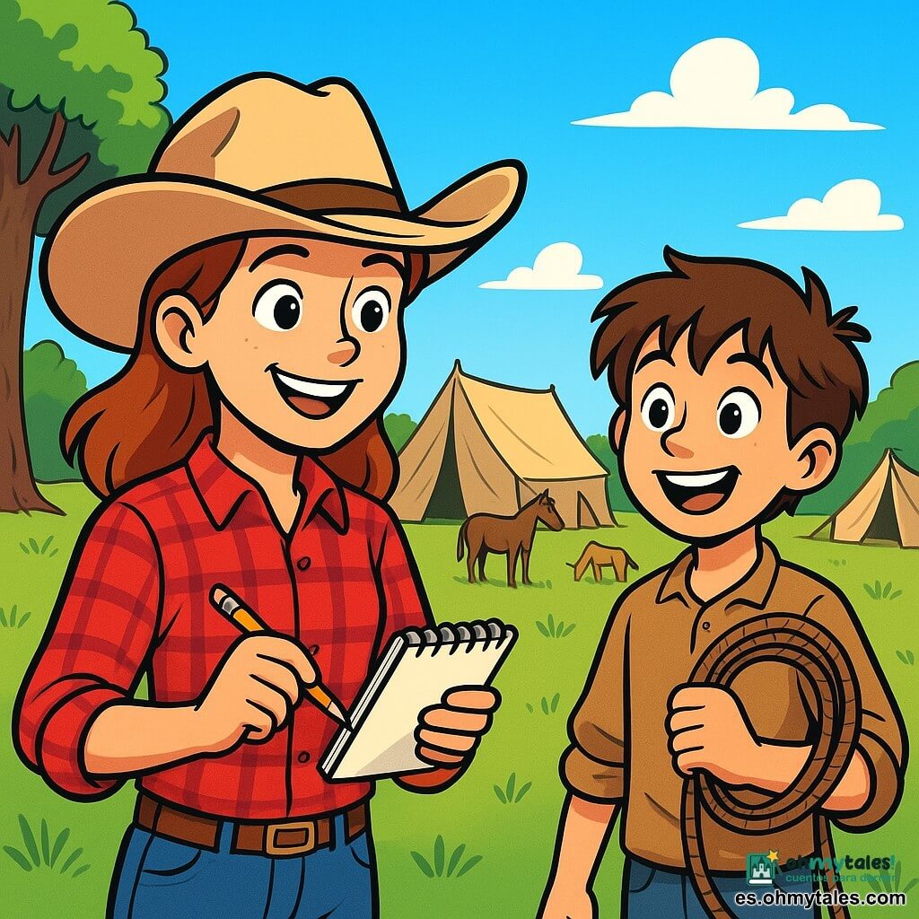 Clara, una vaquera valiente de unos 12 años, lleva un gran sombrero de cowboy beige y una camisa de cuadros rojos. Su rostro brilla con una sonrisa decidida, sus ojos destilan emoción mientras sostiene un pequeño cuaderno en una mano y un lápiz en la otra. A su lado, Nico, un niño de 10 años con el pelo castaño desordenado, mira con admiración, sosteniendo una cuerda de lazo. Está entusiasmado y listo para la aventura. Al fondo, un campamento de vaqueros se erige bajo un cielo azul brillante, con tiendas de lona, caballos tranquilos y un gran árbol que ofrece sombra. La escena transmite una atmósfera de camaradería y trabajo en equipo, mientras Clara y Nico se organizan para repartir las tareas del campamento, rodeados de risas y alegría.