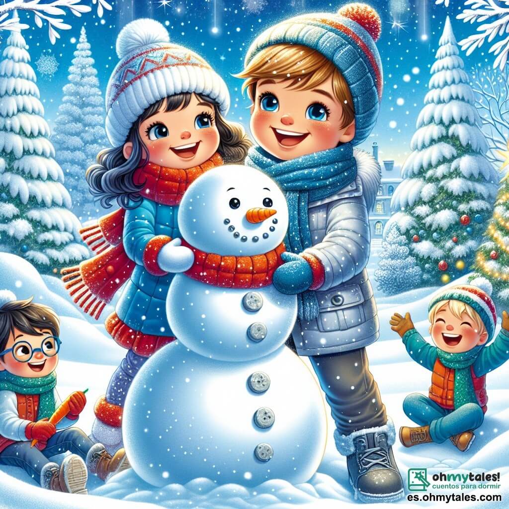 Un niño de 9 años, llamado Mateo, está en el centro de la imagen, sonriendo con emoción. Lleva un traje de nieve azul, una bufanda roja y un gorro de lana, mientras rueda una gran bola de nieve para hacer un enorme muñeco de nieve. A su derecha, Sofía, una niña de 9 años con cabello rizado y castaño, decora el muñeco con una zanahoria para la nariz y piedras como botones, mostrando su alegría. A la izquierda, Lucas, un niño de 9 años con gafas y cabello rubio, lanza una bola de nieve riendo, con las mejillas sonrojadas por el frío. El escenario es un parque invernal encantador, con árboles cubiertos de nieve brillante y copos cayendo del cielo azul claro, y un pequeño árbol decorado al fondo. La escena principal muestra a los tres amigos divirtiéndose juntos, construyendo su muñeco de nieve mientras comparten risas y cuentos, capturando la magia y alegría del invierno.
