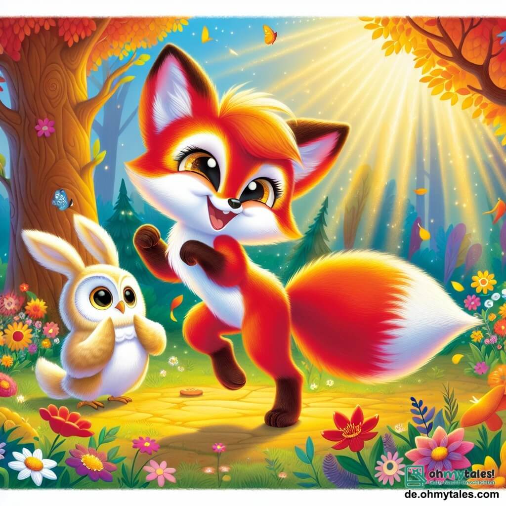 Ein junger Fuchs mit leuchtend rotem Fell und großen, entschlossenen Augen tanzt fröhlich im Zentrum einer sonnigen Lichtung, umgeben von bunten Blumen und majestätischen Bäumen. Er zeigt Stolz und Freude und feiert Vielfalt und Gleichheit. Rechts von ihm sitzt eine weise Eule mit sanften, weißen Federn auf einem Ast und schaut mit einem ermutigenden Lächeln, ihre Augen funkeln vor Weisheit. Links von ihm hüpft ein kleiner Hase mit großen Ohren und weichem Fell enthusiastisch und applaudiert. Die Lichtung ist in goldenes Licht getaucht, mit Sonnenstrahlen, die durch die Blätter filtern und eine warme, einladende Atmosphäre schaffen. Die Szene stellt ein großes Fest dar, bei dem alle Tiere des Waldes zusammenkommen, um ihre Talente zu feiern und die Bedeutung von Gleichheit und Akzeptanz zu verdeutlichen.