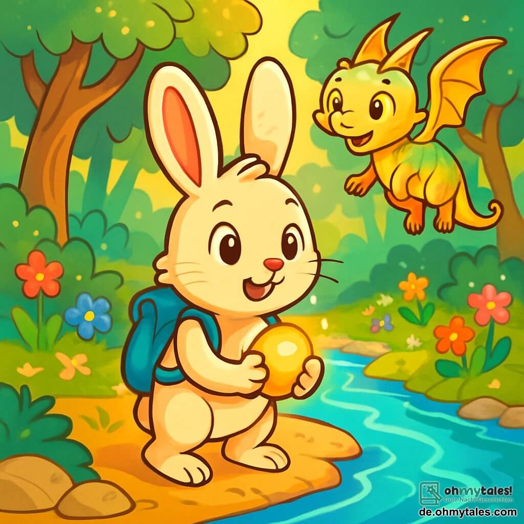 Ein junger abenteuerlicher Hase namens Finn mit weichem, cremfarbenem Fell, großen aufrechten Ohren und neugierigen Augen steht am Ufer eines glitzernden Kristallflusses. Er zeigt einen Ausdruck von Entschlossenheit und Staunen, während er einen kleinen leuchtenden Stein in seinen Vorderpfoten hält. An seiner Seite schwebt ein kleiner Drache namens Lior mit schillernden Schuppen und goldenen Augen fröhlich in der Luft und lächelt ermutigend. Im Hintergrund erhebt sich ein magischer Wald mit gedrehten Baumstämmen und funkelnden Blättern, während bunte Blumen im Rhythmus einer sanften Brise tanzen. Die Szene zeigt Finn und Lior, die bereit sind, den von Sonnenstrahlen erleuchteten Fluss zu überqueren, was den Beginn eines großen Abenteuers symbolisiert.