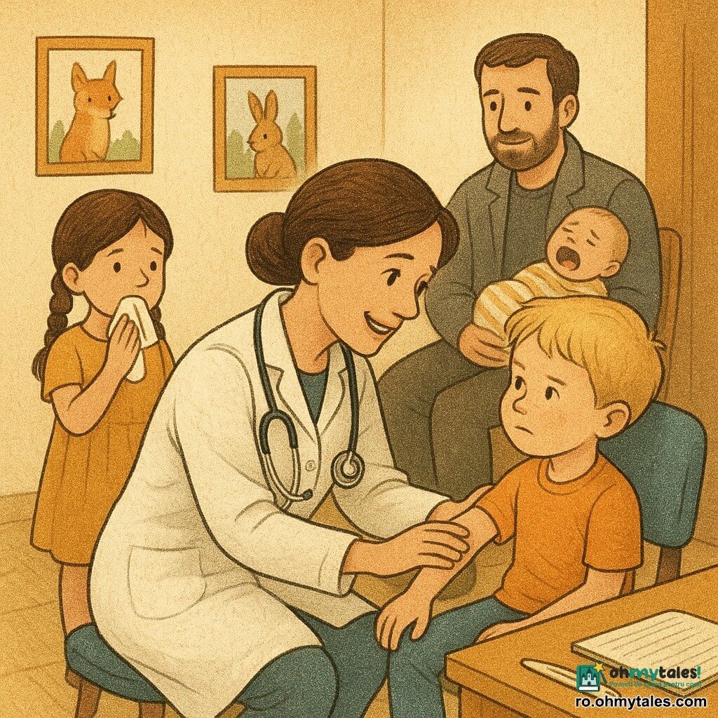 Medicină femeie zâmbitoare, păr brun prins în coc, stetoscop la gât, se apleacă și ține ușor cotul băiatului rănit; băiatul, ~6 ani, față palidă cu vânătaie mov pe cotul stâng, păr scurt blond, stă pe un scaun albastru și privește cu încredere; fetița, ~5 ani, păr brun împletit, nas care curge, ține un șervețel și stă lângă ușă curioasă; tatăl, ~30 ani, stă și ține un bebeluș de 8 luni înfășat care plânge, poartă o geacă gri și privește cu blândețe; sala de așteptare luminează cald, pereți crem, postere colorate cu animale și un birou de lemn cu carnet și termometru; situația principală: medicul liniștește și examinează cotul rănit cu gesturi blânde, atmosferă liniștită și atentă, ceilalți privesc cu răbdare.