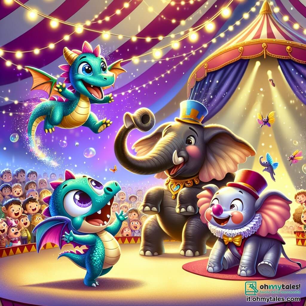 Un piccolo drago dalle squame scintillanti che cambiano colore danza gioiosamente sotto il grande tendone del circo, con un ampio sorriso sul volto e scintille luminose che escono dalle narici. Accanto a lui, un elefante dalle grandi orecchie rosa, con un cappello da clown in testa, ride di cuore, gli occhi scintillanti di gioia mentre esegue passi di danza goffi. Sullo sfondo, un maestoso leone con una criniera dorata applaude con entusiasmo, la coda che frusta l'aria, in piedi sulle zampe posteriori. Il tendone del circo è decorato con colori vivaci, bandierine fluttuanti e luci scintillanti, mentre una folla meravigliata, composta da bambini e adulti, osserva con occhi sbarrati, pieni di stupore. La scena cattura l'energia e la magia di uno spettacolo circense, dove sogno e realtà si incontrano in un'esplosione di gioia e colori.