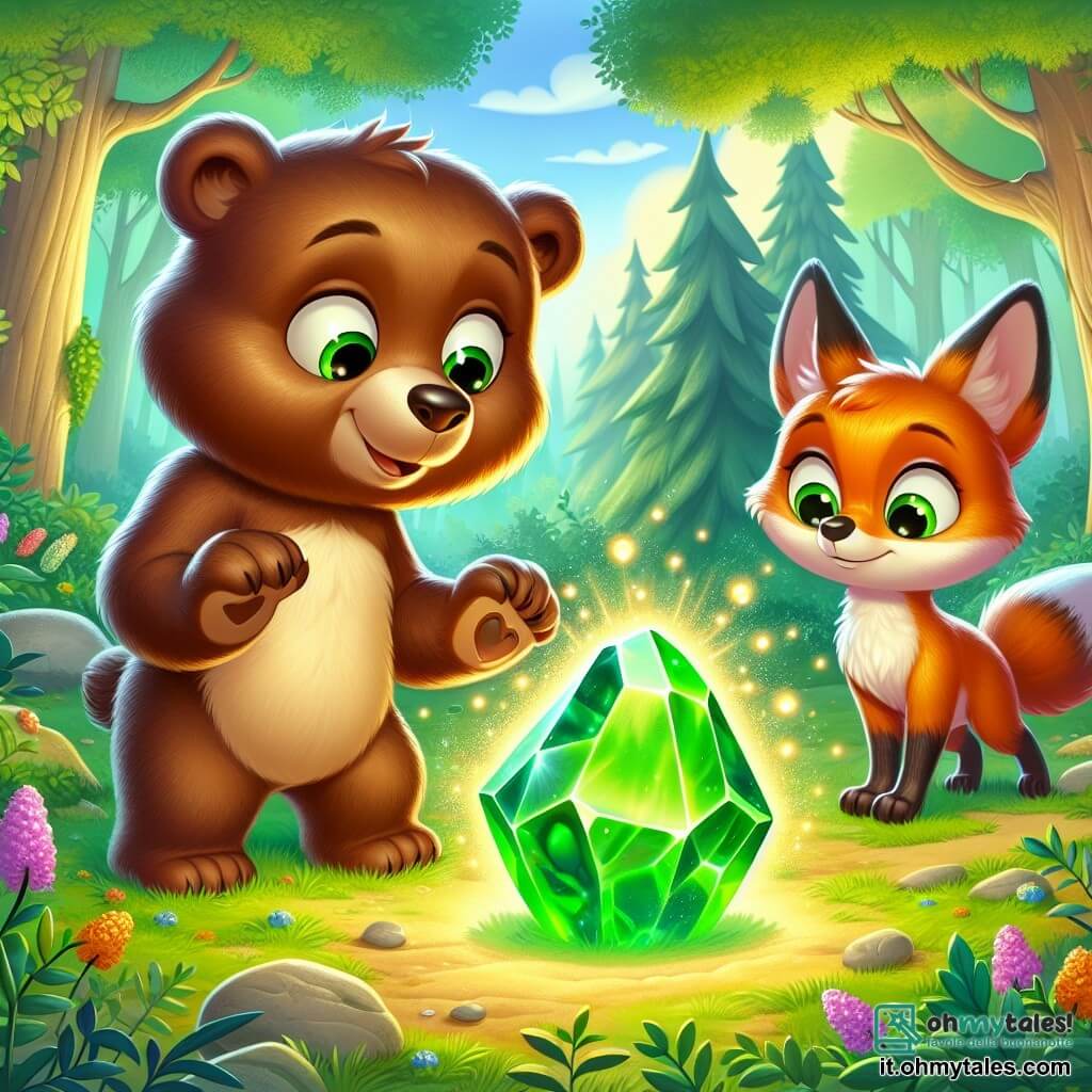 Un giovane orso di nome Bruno, con un pelo marrone lucido e occhi curiosi, si trova al centro della scena, guardando con meraviglia una grande pietra brillante di un verde intenso. La sua espressione è di curiosità ed eccitazione, con le zampe anteriori leggermente sollevate come se stesse per toccare la pietra magica. Accanto a lui, la sua fedele amica, una astuta volpe di nome Fiore, con un pelo arancione brillante e occhi maliziosi, osserva attentamente la pietra, le orecchie ritte e la coda avvolta attorno alle zampe. Sembra pronta a proporre un'idea, mantenendosi leggermente in disparte per analizzare meglio la situazione. La scena si svolge in una splendida radura della foresta incantata, dove i raggi del sole filtrano attraverso le foglie verdi, creando riflessi di luce dorata sul terreno coperto di fiori colorati. Gli alberi maestosi circondano la radura, aggiungendo un tocco di mistero all'atmosfera. Bruno e Fiore sono davanti alla pietra luminosa, intrigati dall'enigma che rappresenta, pronti a scoprire i segreti che la foresta ha da offrire.