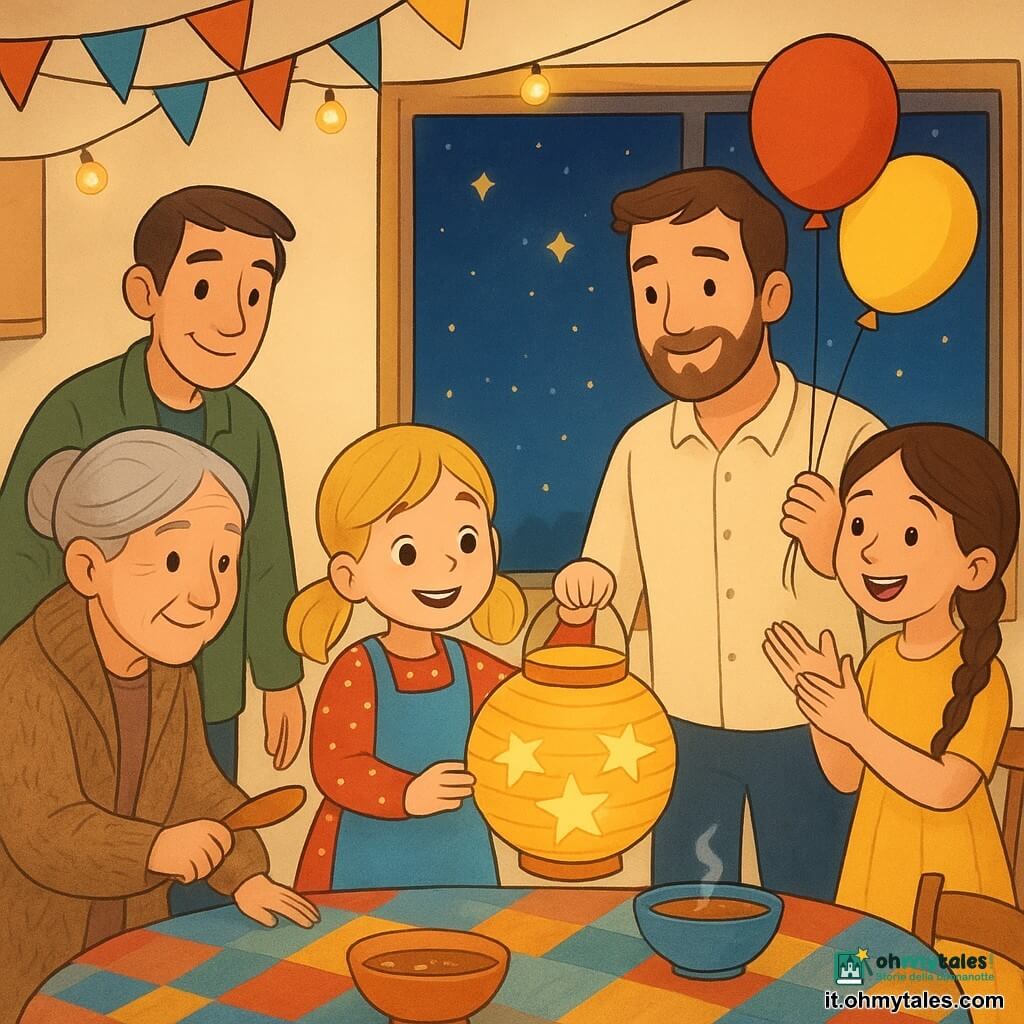 Una bambina di 6 anni, Lina, sorridente con due codine biondo miele, vestito a pois rossi e grembiule blu, tiene una lanterna di carta con stelle di carta; la nonna dai capelli grigi raccolti in chignon, con un grande maglione, porge un cucchiaio di legno alla tavola a sinistra; il padre con leggera barba e camicia crema, dietro a destra, tiene dei palloncini e guarda la lanterna salire; la cugina Sofia, 8 anni, treccia castana e vestito giallo, applaude tenendo una stella di carta; lo zio Marco con giacca verde sistema le sedie sullo sfondo; la piccola cucina-sala da pranzo è calda e festosa, tavolo di legno chiaro con tovaglie colorate, ciotole di zuppa fumante, ghirlande di carta e luce calda, finestra sul cielo notturno stellato; momento centrale: la famiglia accende una candela nella lanterna che si solleva portando via le stelle di carta e i desideri, atmosfera tenera e festiva.