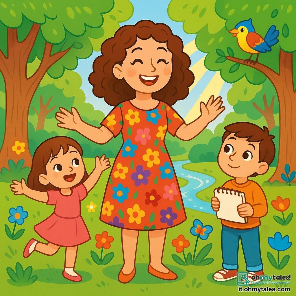 Una giovane donna, la Maestra Laura, irradia gioia con un grande sorriso caloroso. Ha capelli ricci castani e indossa un vestito colorato decorato con motivi floreali. È in piedi nel mezzo di un incantevole parco, circondata da alberi maestosi con foglie verdi brillanti e fiori multicolori che danzano sotto la leggera brezza. Accanto a lei, una bambina di 7 anni, Sofia, indossa una gonnetta rosa e ballerine bianche. Sorride con meraviglia, le braccia alzate come se stesse danzando. Un ragazzo di 8 anni, Matteo, è un po' in disparte, tiene un quaderno da disegno tra le mani, con gli occhi brillanti di eccitazione mentre osserva la scena. Il luogo è il Parco delle Meraviglie, un posto magico pieno di colori vivaci, ruscelli scintillanti e animali amichevoli. La scena principale mostra Laura e i suoi alunni mentre scoprono la bellezza della natura, con i raggi di sole che filtrano tra i rami, creando un'atmosfera gioiosa e ispiratrice. I bambini si meravigliano davanti a un uccello colorato che canta su un ramo, mentre Laura li incoraggia a esplorare e sognare.