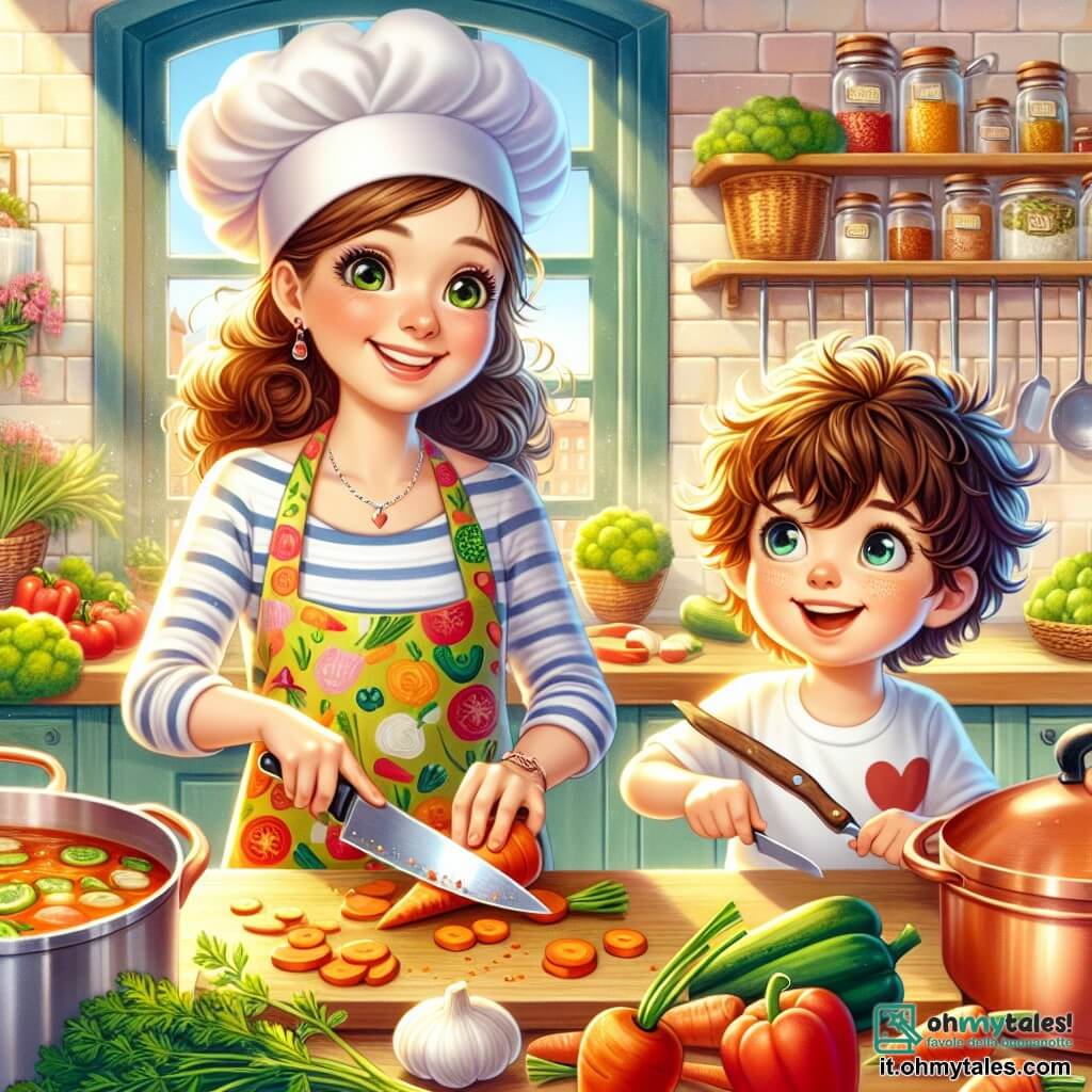 La chef Dorina è una donna sorridente di circa trent'anni, con capelli ricci e un cappello bianco in testa. Indossa un grembiule colorato decorato con motivi di verdure e sta tagliando carote con un grande sorriso sul volto, mostrando la sua passione per la cucina. Accanto a lei, Luca, un ragazzo di 8 anni, ha occhi brillanti e capelli castani disordinati. È concentrato, tiene un piccolo coltello per bambini e si appresta a tagliare una carota, con un'espressione di eccitazione sul volto. La scena si svolge in una grande cucina luminosa, piena di pentole di rame lucido, verdure fresche colorate sul piano di lavoro e scaffali carichi di spezie. La luce del sole entra da una finestra, illuminando la stanza con un'atmosfera calda e accogliente. La situazione principale mostra Dorina e Luca mentre preparano insieme una deliziosa zuppa di verdure, ridendo e condividendo momenti di complicità, mentre la zuppa sobbolle dolcemente in una grande pentola sul fuoco.
