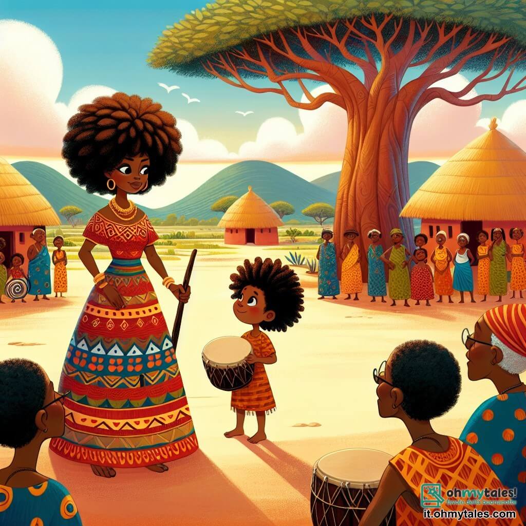 La chef Fatou, una donna di circa quarant'anni, si trova sotto un grande baobab, il suo volto radioso di determinazione e speranza. Indossa un vestito vibrante con motivi africani, nei colori caldi del rosso e dell'arancione, e tiene un bastone di ebano in mano, pronta a radunare il suo villaggio. Accanto a lei, un ragazzo di 8 anni, di nome Kofi, con i capelli crespi e gli occhi brillanti, guarda Fatou con ammirazione, tenendo un tamburo di legno decorato con disegni colorati. Un gruppo di villaggio, uomini e donne di tutte le età, si tiene in cerchio attorno a loro, con volti che esprimono preoccupazione e speranza. Lo scenario è un pittoresco villaggio africano, con capanne in argilla e tetti di paglia, circondato da campi verdi e alberi maestosi. Il cielo è di un blu splendente, punteggiato di nuvole bianche e soffici. La scena principale mostra Fatou pronta a parlare al villaggio per trovare una soluzione alla tristezza causata dal silenzio del fiume, mentre i villaggio l'ascoltano attentamente, con i cuori pieni di speranza.