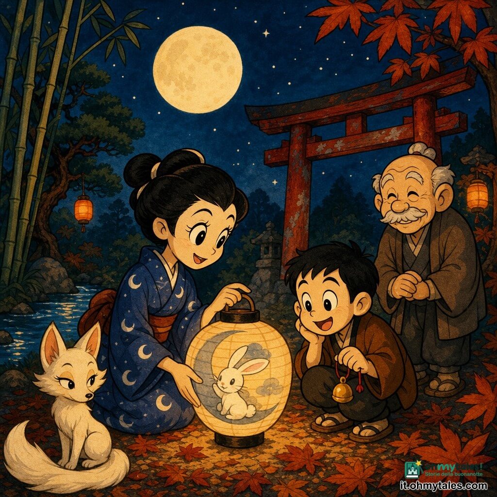 Una donna narratrice dal volto dolce e concentrato e capelli neri raccolti in uno chignon, in kimono blu indaco con piccoli motivi di lune bianche, tiene davanti a sé una lanterna di carta dipinta con un coniglio sulla luna, postura calma e benevola; un ragazzo di circa 8 anni, capelli corti neri e occhi ridenti, in haori marrone è accovacciato vicino a lei, ascolta attentamente tenendo un piccolo campanellino al polso; il signor Gen, un uomo di circa 70 anni dal volto rugoso e sottile mustacchio, in un cappotto semplice sta leggermente in disparte sorridendo con le mani giunte davanti al torii; una piccola volpe bianca dagli occhi brillanti e coda lunga come un pennello osserva alla lisière del boschetto; luogo: una radura ai margini di bambù e pini con il suolo coperto di foglie autunnali arancioni, un ruscello luccicante a sinistra e un vecchio torii rosso sullo sfondo sotto un cielo notturno profondo con grande luna e stelle; situazione: la donna accende la lanterna e racconta una storia per Tsukimi mentre i bambini e l'anziano ascoltano e la volpe osserva dall'ombra; atmosfera calda con colori caldi per le lanterne e toni blu profondi per il cielo, contrasti netti, linee semplici ed espressive e leggera texture carta acquerello.