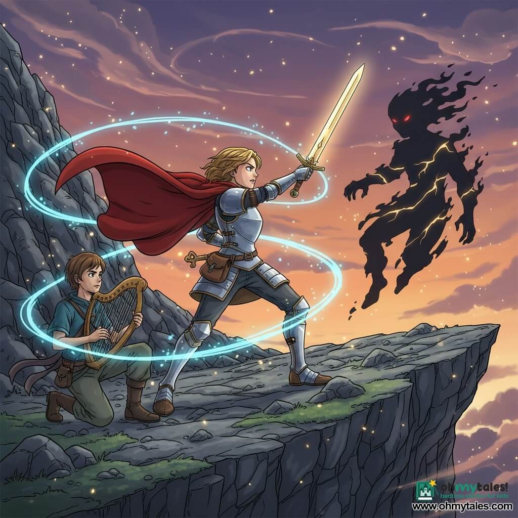 A young female knight stands center, determined and brave, focused face and bright eyes, wearing polished light steel armor with brown leather details and a wind-blown red cape, right hand raising a sparkling sword toward a shadow; a small leather pouch holding a key hangs visibly at her belt. To her left a teenage bard (about 16), seated or kneeling with chestnut hair and simple travel clothes, plays a luminous wooden harp whose strings emit blue light filaments that envelop the scene. To the right a threatening shadow spirit, a vaguely humanoid smoky silhouette with dim red eyes, floats before the knight, golden cracks of light appearing where the music affects it. The setting is a steep rocky cliff by a precipice with grey stones and green moss, an orange-purple twilight sky, swirling winds and faint magical sparks in the air. Main situation: a dramatic, luminous confrontation—the knight protects the key while the bard's music weakens the shadow; dynamic scene with cape motion, glowing harp strings and drifting magic dust.