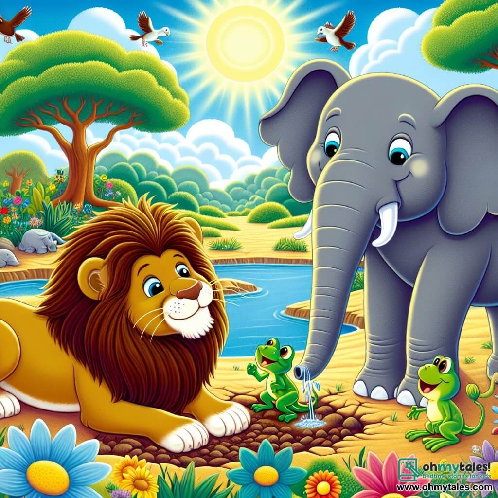 A majestic lion named Leo, with a shining golden mane and determined eyes, digs into the ground with his powerful paws. Next to him, Ellie the elephant, large and gray, uses her big ears to shield herself from the sun while looking at Leo with an encouraging smile. Freddie the frog, small and green, joyfully hops around them, his eyes sparkling with excitement. The scene takes place by a dry riverbed, surrounded by colorful flowers that seem sad. The sky is blue and sunny, and birds sing in the leafy trees. Leo, Ellie, and Freddie work together to discover a hidden water source, creating an atmosphere of camaraderie and adventure.