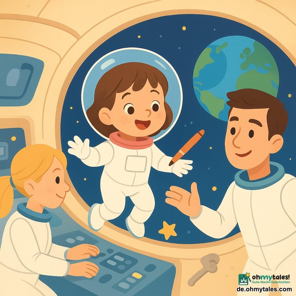 Eine junge Astronautin, Lina, lächelnd und voller Staunen, schwebt in einer hellen Raumkapsel. Sie trägt einen weißen Raumanzug und einen transparenten Helm. Ein etwa 35-jähriger Mann mit kurzen braunen Haaren reicht Lina einen schwebenden Stift und lächelt, er befindet sich rechts von ihr. Eine etwa 30-jährige Frau mit blonden Haaren, die zu einem Pferdeschwanz gebunden sind, justiert Instrumente an einem Kontrollpanel links von Lina. Die runde Kapsel hat große Fenster, die die blaue, runde Erde draußen zeigen. Die Hauptszene zeigt Lina, wie sie einen schwebenden Stift einfängt, umgeben von schwerelosen Gegenständen in einer geräumigen und modernen Umgebung.