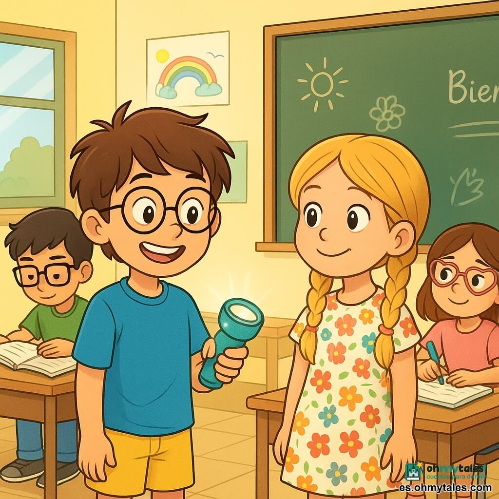 Un niño llamado Mateo, con cabello castaño despeinado y gafas redondas, está de pie en un aula luminosa, mostrando una sonrisa nerviosa y emocionada. Lleva una camiseta azul brillante y un pantalón corto amarillo, sosteniendo una pequeña linterna turquesa llamada Luci, que brilla suavemente en su mano. A su lado, Clara, una niña de cabello rubio trenzado y vestido de flores coloridas, mira a Mateo con una sonrisa alentadora, sus ojos brillando de curiosidad. Diego, un niño de cabello negro y gafas cuadradas, está sentado en su escritorio hojeando un libro con una expresión concentrada, mientras Sofía, una niña de cabello castaño y gafas en forma de corazón, dibuja en su cuaderno con un aire soñador. El aula está decorada con dibujos coloridos en las paredes, con ventanas que dejan entrar la luz del sol y escritorios de madera bien organizados. Al fondo, una pizarra negra está llena de palabras y dibujos, creando una atmósfera acogedora y alegre. La situación principal muestra a Mateo, Clara, Diego y Sofía preparándose para un juego de bienvenida, cada uno compartiendo sus objetos especiales, mientras Luci, la linterna, ilumina el camino de su nueva aventura juntos.