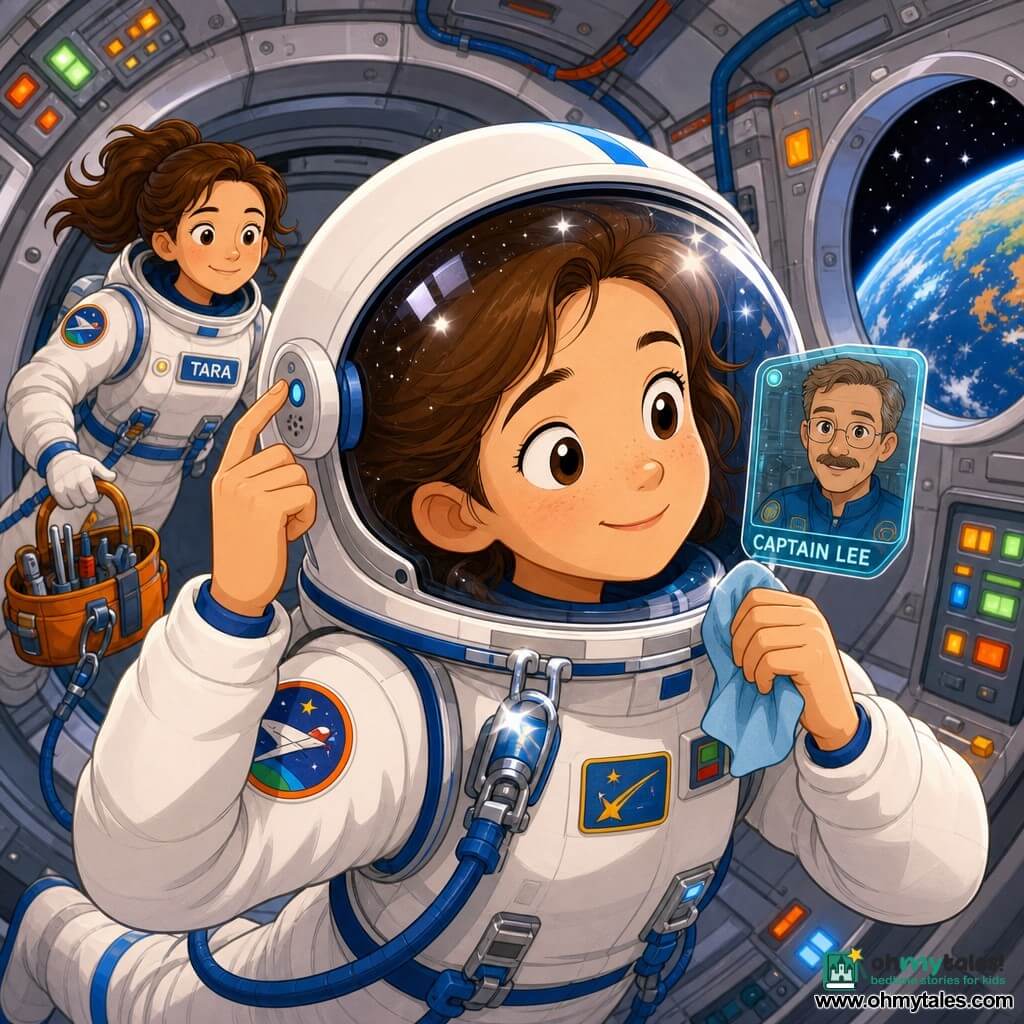 A smiling, focused young female astronaut adjusts a small knob on a white helmet with a wide clear visor, her brown hair haloed and eyes bright, wearing a white-and-blue spacesuit with colorful patches; teammate Tara (about 30) floats behind her to the left, laughing softly with a similar suit and a tethered tool bag, while Captain Lee (about 40) appears on a small screen inside the helmet, calm and reassuring with a thin mustache and light glasses; they are in a station airlock with silver metal walls, round windows showing black space and a blue Earth, green and orange panels and cables; she is testing a new communication helmet during a mini spacewalk—the visor reflects stars, two shiny safety clips are visible, and she wipes a small panel with a cloth—bright colors, soft lines, simple textures, readable expressions, reassuring atmosphere.