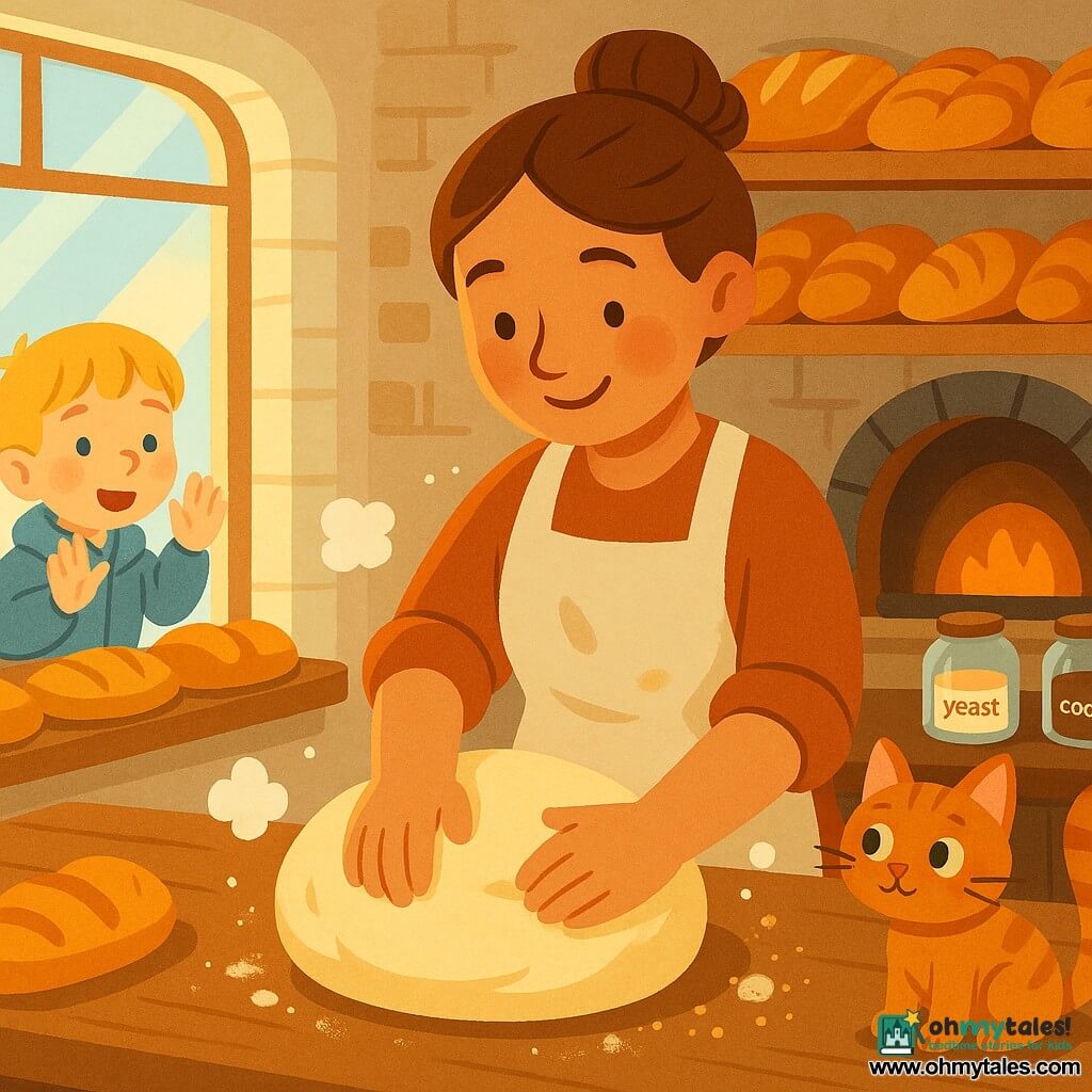 A smiling, serene female baker with chestnut hair in a bun and a cream flour-stained apron kneads a large dough ball on a wooden table, hands dusted with flour; a small ginger cat with green eyes sits on the counter to the right watching with its tail twitching and crumbs around its paws; a roughly six-year-old blond boy in a blue jacket stands by the left display case, palms pressed to the glass, eyes wide at the loaves; the cozy bakery has light brick walls, wooden shelves of golden breads, a glowing cast-iron oven, jars of yeast and cocoa, and soft sunlight; main scene: she kneads in calm, circular motions as flour puffs into the air, ready to bake shiny golden loaves.