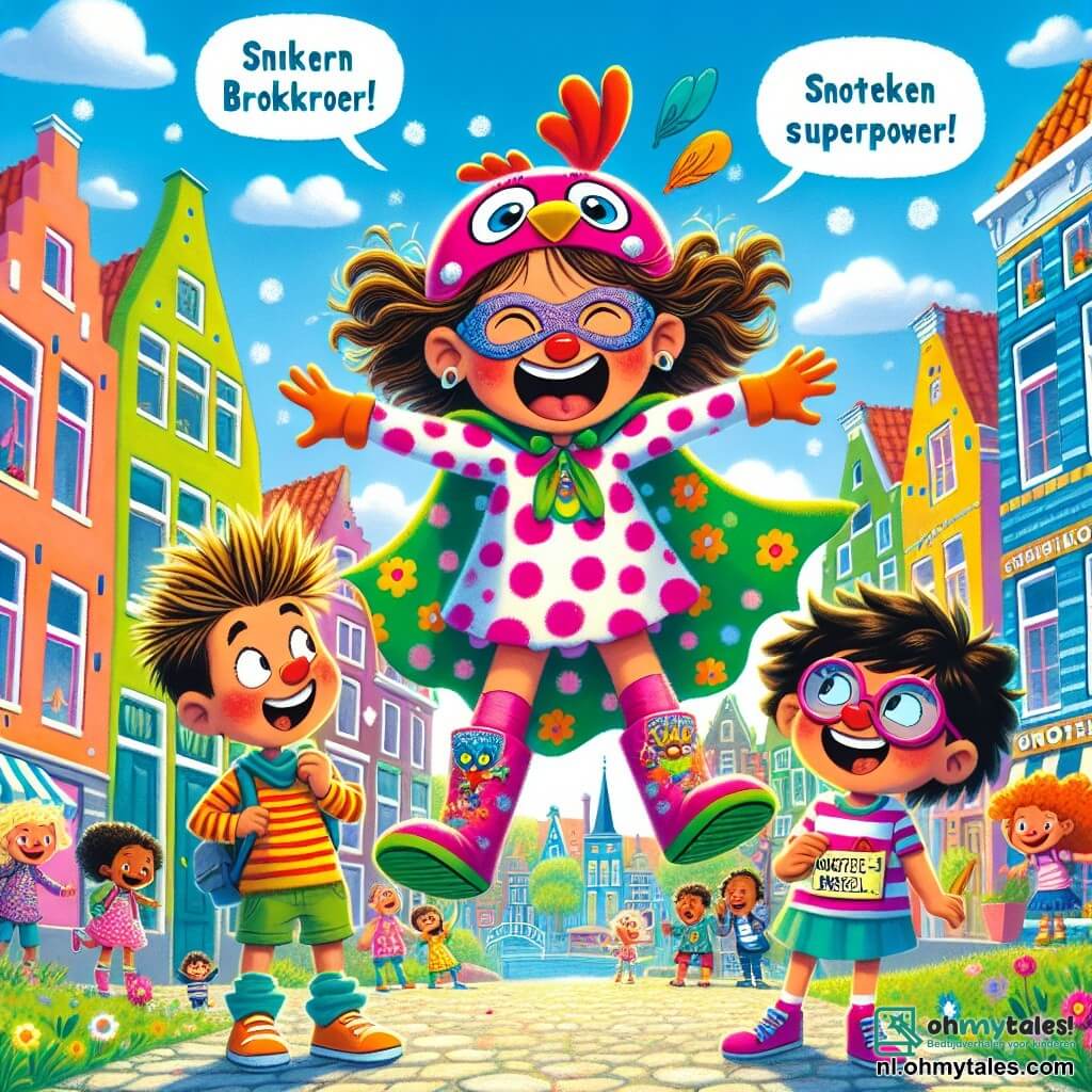 Een jong meisje, Suus, staat in het midden van de afbeelding met een grote blije glimlach op haar gezicht. Ze draagt een superhelden kostuum met grote roze vlekken, een lange groene staart en een grappige pet versierd met kippenveren. Suus is klaar om in de lucht te springen en haar nieskracht te gebruiken. Naast haar staan twee nevenpersonages: Brokkenbroer, een jongen van ongeveer 8 jaar met een rommelige haardos en een gestreept t-shirt, die Suus bewonderend aankijkt, en Snottebel, een 7-jarig meisje met een bril en een bloemenjurk, die een klein bordje "Red ons, Super Suus!" vasthoudt met een glimlach. De scène speelt zich af in een kleurrijke stad met huizen met felle gevels en bomen met heldergroene bladeren. De lucht is blauw en zonnig, met enkele donzige witte wolken. Suus staat klaar om op te stijgen en de slechteriken te bestrijden, terwijl Brokkenbroer en Snottebel haar enthousiast aanmoedigen, wat een sfeer van kameraadschap en avontuur creëert.