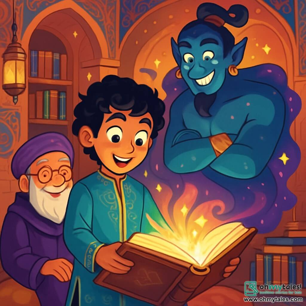 In the center, a young man named Amir, about 15 years old, stands with a look of wonder and determination. He has curly black hair, sparkling curious eyes, and wears a turquoise silk tunic adorned with golden patterns. He is opening a large book with glowing pages, surrounded by an aura of magic. Next to him, an old sage named Malik, around 70 years old, sits on a plush cushion. He has a long white beard, round glasses, and wears a purple velvet robe. He smiles kindly, watching Amir with pride. In the background, a majestic genie named Bahram, with shimmering skin like the night sky and bright green eyes, floats in the air, surrounded by colorful smoke. He has a mischievous smile, ready to pose riddles. The setting is an ancient library filled with books with golden covers and hanging lanterns that cast a soft light. The walls are adorned with arabesque patterns and frescoes depicting scenes from tales. The main situation shows Amir discovering the "Book of Living Tales," while Bahram, the genie, prepares to ask him riddles. The atmosphere is magical and full of mystery, with bursts of light and vibrant colors dancing around them.