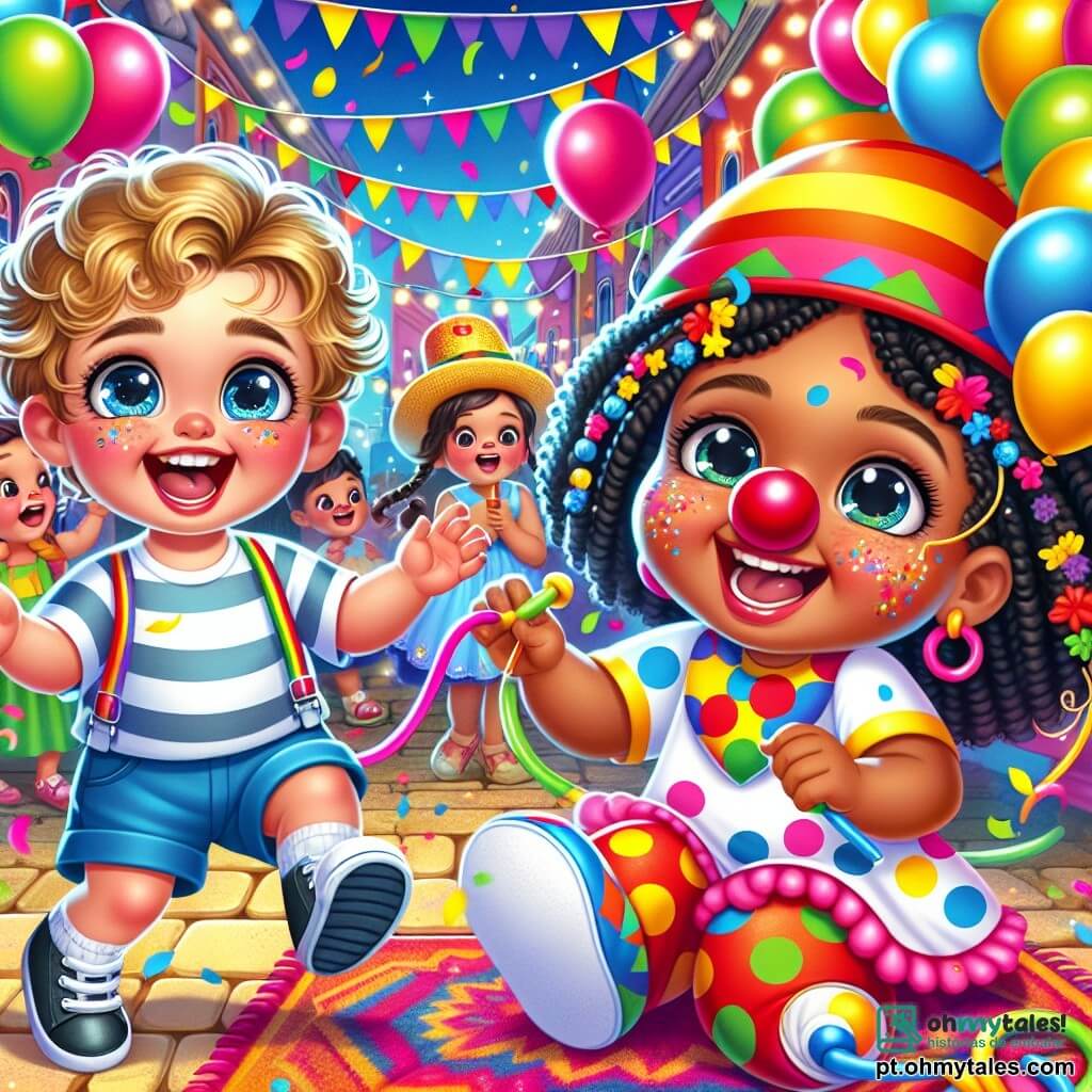 Um menino de 2 anos, com cabelos cacheados e olhos brilhantes de alegria, dança no meio de uma rua colorida do carnaval. Ele usa uma camiseta listrada e um short azul, e seu rosto está iluminado por um grande sorriso. Ao lado dele, um palhaço alegre, um homem de cerca de 30 anos, com um grande nariz vermelho e cabelos multicoloridos, faz piruetas enquanto ri, vestindo um traje de bolinhas e sapatos gigantes. Um pouco mais adiante, uma linda menina de 5 anos, com tranças e um tutu rosa, pinta estrelas no rosto de uma criança, parecendo muito concentrada. O local é uma rua animada, decorada com guirlandas coloridas e balões flutuantes, com confetes no ar e músicos tocando músicas alegres, criando uma atmosfera mágica e festiva. A cena principal mostra o menino Tico dançando com o palhaço, cercado de risos e cores vibrantes, enquanto a menina pinta rostos alegres, capturando o espírito do carnaval.