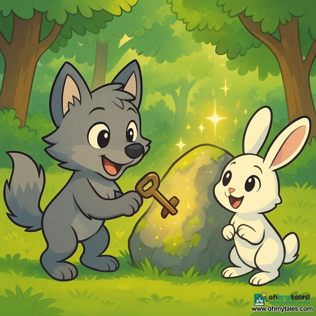 A little wolf named Lark, with soft gray fur and sparkling curious eyes, stands in front of a large, shimmering rock in the center of a clearing. He looks amazed and excited, his tail wagging behind him. Next to him, a small rabbit named Willow, with bright white fur and long ears, gazes at the rock with wide eyes, her expression full of wonder. The sunny clearing is surrounded by majestic trees with lush green leaves, with rays of light filtering through the branches, illuminating the sparkling rock. The main scene shows Lark inserting a rusty key into a hidden slot behind some moss on the rock, while Willow encourages him with a joyful smile, eager to discover the hidden treasure.