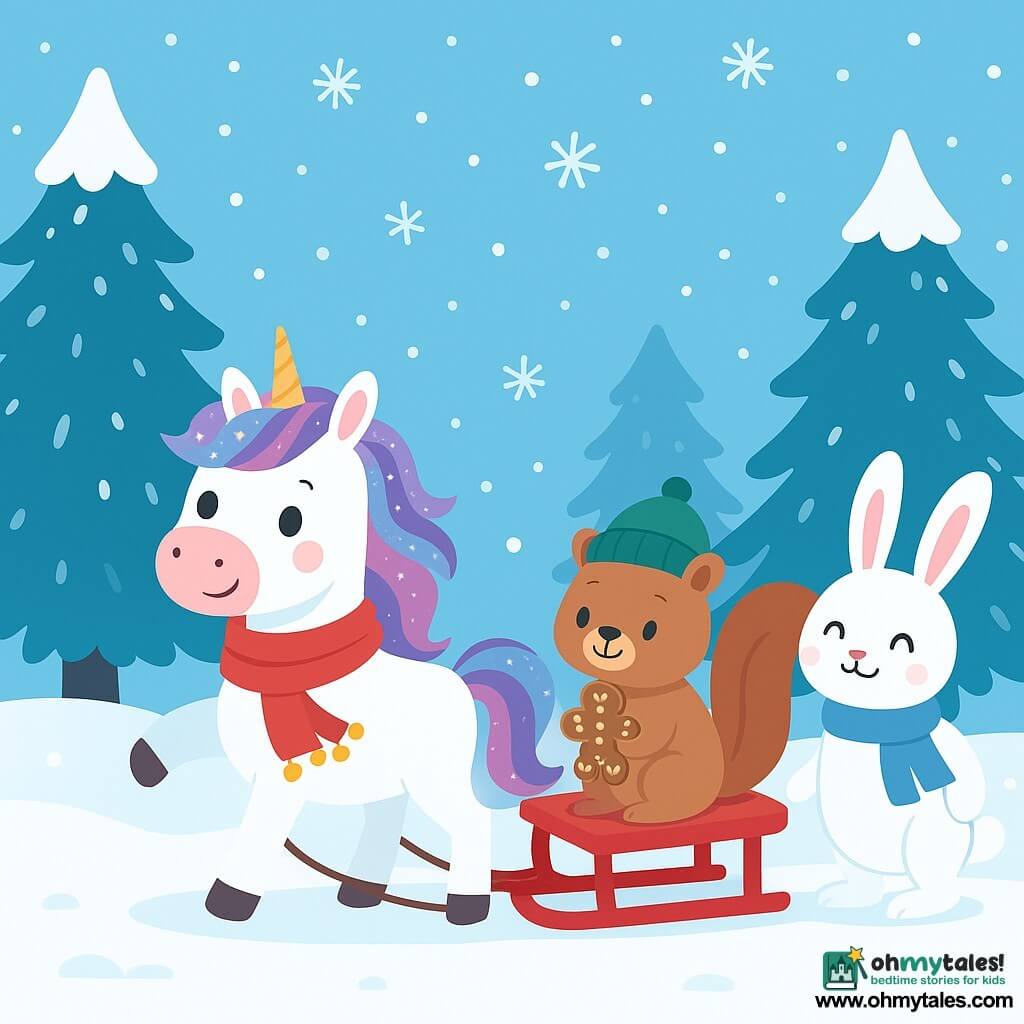 Willow, a small unicorn with a sparkling mane and a joyful gaze, gently pulls a little red sled on the pristine snow. She wears a red scarf with small golden bells that jingle cheerfully. Pip, a squirrel with a green hat, sits on the sled, his eyes sparkling with happiness, holding a gingerbread man-shaped cookie. Lila, a rabbit with a soft blue scarf, stands next to the sled, her ears perked up and a radiant smile on her face. They are surrounded by tall snow-covered fir trees, their branches heavy with glistening snow. The sky is a clear blue with snowflakes gently falling, creating a winter fairy tale atmosphere.