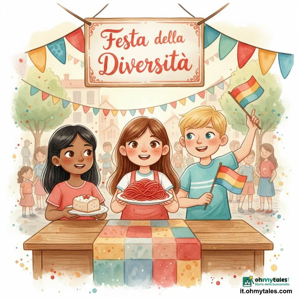 Sofia, 10 anni, volto rotondo, capelli lunghi castani, pelle chiara italiana, occhi luminosi e sorriso timido; tiene un piatto di spaghetti rossi e porge la mano per offrire; a destra Luca, circa 11 anni, capelli biondi corti, pelle chiara, espressione vivace e sicura, agita un piccolo bandierina colorata; a sinistra Aisha, circa 10 anni, capelli neri lisci, pelle olivastra scura di origine nordafricana/mediorientale, sorriso caldo, offre una fetta di dolce di riso su una tovaglia a motivi; sfondo: cortile della scuola trasformato in festival con tavoli di legno coperti da tovaglie multicolori, bandierine e ghirlande, un cartello "Festa della Diversità", famiglie sfocate, luce dolce del tardo pomeriggio, palette calda e saturata (rossi, arancioni, turchesi) e texture acquerello con leggere macchie; scena: tre amici che presentano e condividono piatti tradizionali al banco scolastico, atmosfera accogliente e positiva con gesti di offerta e sguardi amichevoli.