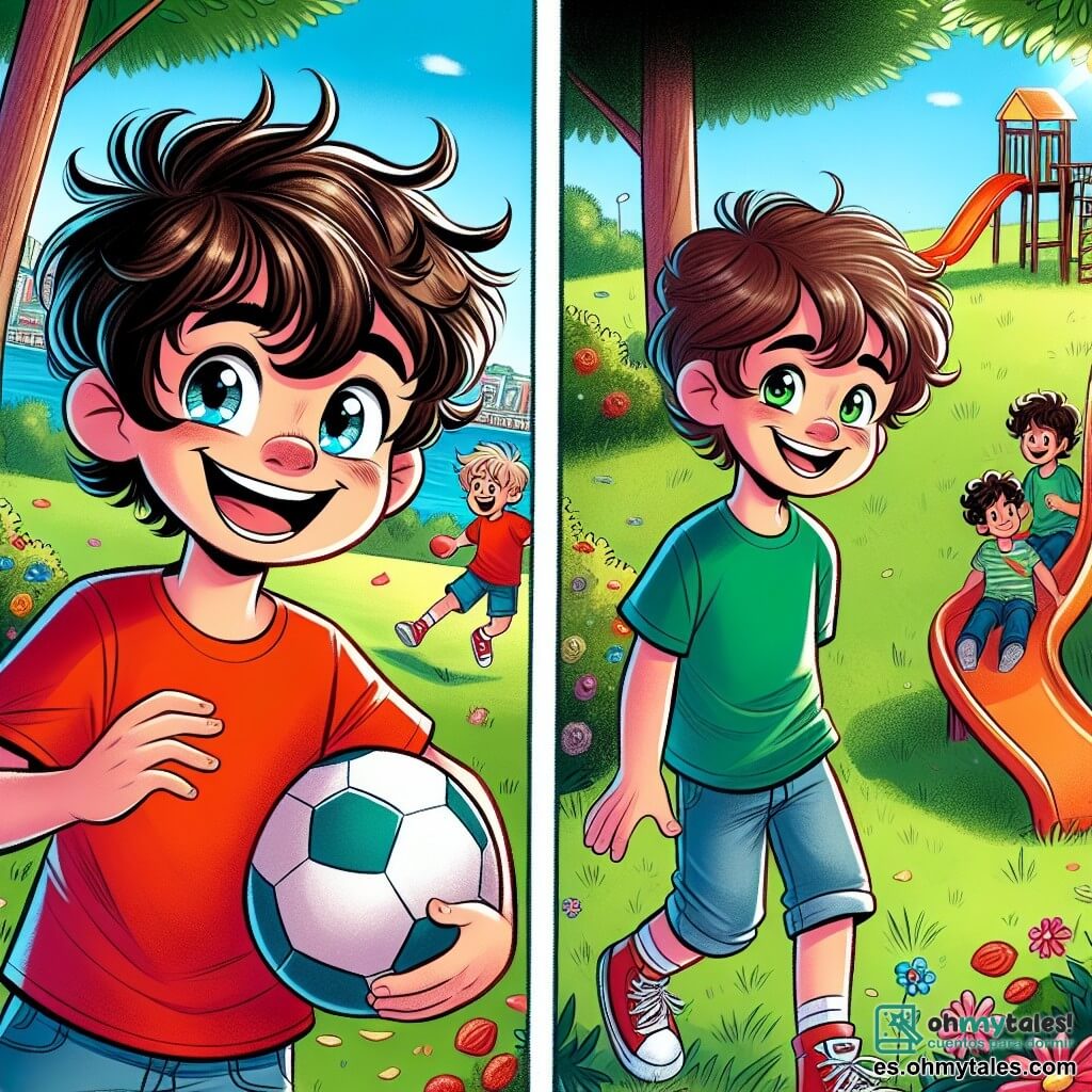 Un niño de 10 años, Lucas, con cabello rizado y despeinado, sonríe alegremente, con los ojos brillantes de emoción. Lleva una camiseta roja brillante y un pantalón corto azul, sosteniendo una pelota de fútbol en sus manos. A su lado está Tomás, otro niño de 10 años, con cabello castaño y liso, que muestra una sonrisa tímida pero feliz, vestido con una camiseta verde y jeans. Están en un parque soleado, rodeados de árboles con hojas verdes brillantes y flores coloridas, con un viejo tobogán al fondo. La escena muestra a Lucas y Tomás jugando juntos, riendo y divirtiéndose, ilustrando su amistad naciente y alegre.