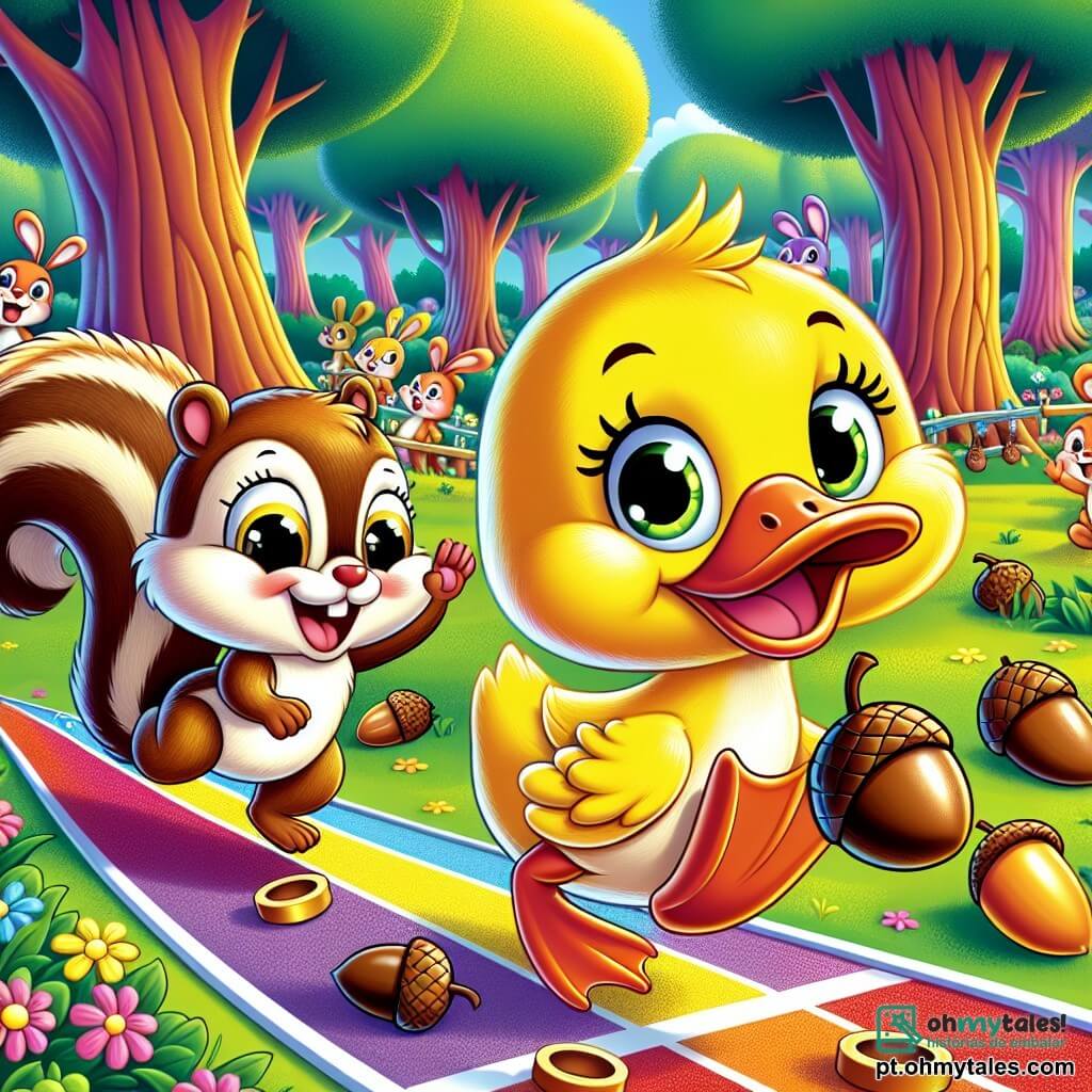 Um pato alegre e curioso, chamado Quak, com penas amarelas brilhantes e um grande sorriso, está correndo em uma pista feita de folhas coloridas, empurrando uma noz brilhante com seu bico. Ao seu lado, um esquilo chamado Pipo, com pelagem marrom e olhos brilhantes, salta alegremente, incentivando Quak enquanto segura uma noz com suas pequenas patas. Ao fundo, uma floresta encantada se ergue, com árvores de troncos grossos, flores coloridas e animais espectadores como coelhos e pássaros, todos rindo e aplaudindo. A cena captura a empolgação da Grande Corrida das Nozes, onde Quak, apesar de sua desvantagem, se diverte e faz rir todos os seus amigos.