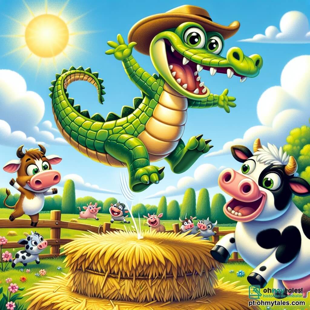 Um crocodilo travesso chamado Caco, com escamas verdes brilhantes e um grande sorriso, está no centro da cena, pulando alegremente em um palco de feno, com os braços levantados, cheio de energia e felicidade. Ao lado dele, uma vaca chamada Maricota, com um chapéu de flores coloridas na cabeça, ri alto, suas manchas brancas e pretas contrastando com o verde da natureza. Um porquinho chamado Tico, usando botas de salto brilhantes, está caindo de forma cômica, com os olhos arregalados de surpresa, logo atrás de Caco. Ao fundo, um cenário de fazenda ensolarada com árvores verdes, um céu azul e animais reunidos, todos rindo e aplaudindo. A cena representa uma competição de saltos hilária onde cada animal tenta pular o mais alto possível, criando uma atmosfera alegre e cheia de risadas.