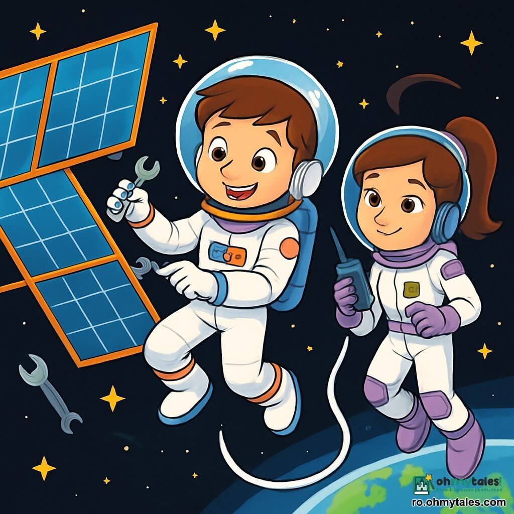 Un tânăr astronaut, un băiat de 10 ani, plutește în spațiu, cu un zâmbet uimit pe față. Poartă o costum spațial alb cu detalii colorate, iar casca sa transparentă îi lasă să-i vadă ochii strălucitori de curiozitate. El repară un mare panou solar, folosind o mică cheie franceză, în timp ce stelele strălucitoare și o Pământ albastru în fundal creează o atmosferă magică. Aproape de el, o astronaută, o fată de 12 ani, îl observă cu un privire atentă și încurajatoare. Are părul brun legat într-o coadă de cal și poartă, de asemenea, un costum spațial, dar cu accente violet. Ține un radio în mână, pregătită să comunice cu el pentru a-l ajuta. Locul este un spațiu interstelar, cu un fundal negru presărat cu stele strălucitoare și planeta Pământ vizibilă, măreață, dedesubt. Scena emană o senzație de calm și aventură, cu elemente tehnologice plutind în jurul lor, precum unelte și cabluri. Situația principală îl arată pe băiat concentrat pe sarcina sa de reparație, în timp ce fata îi oferă sprijin moral, ilustrând spiritul de echipă și prietenia în explorarea spațială.