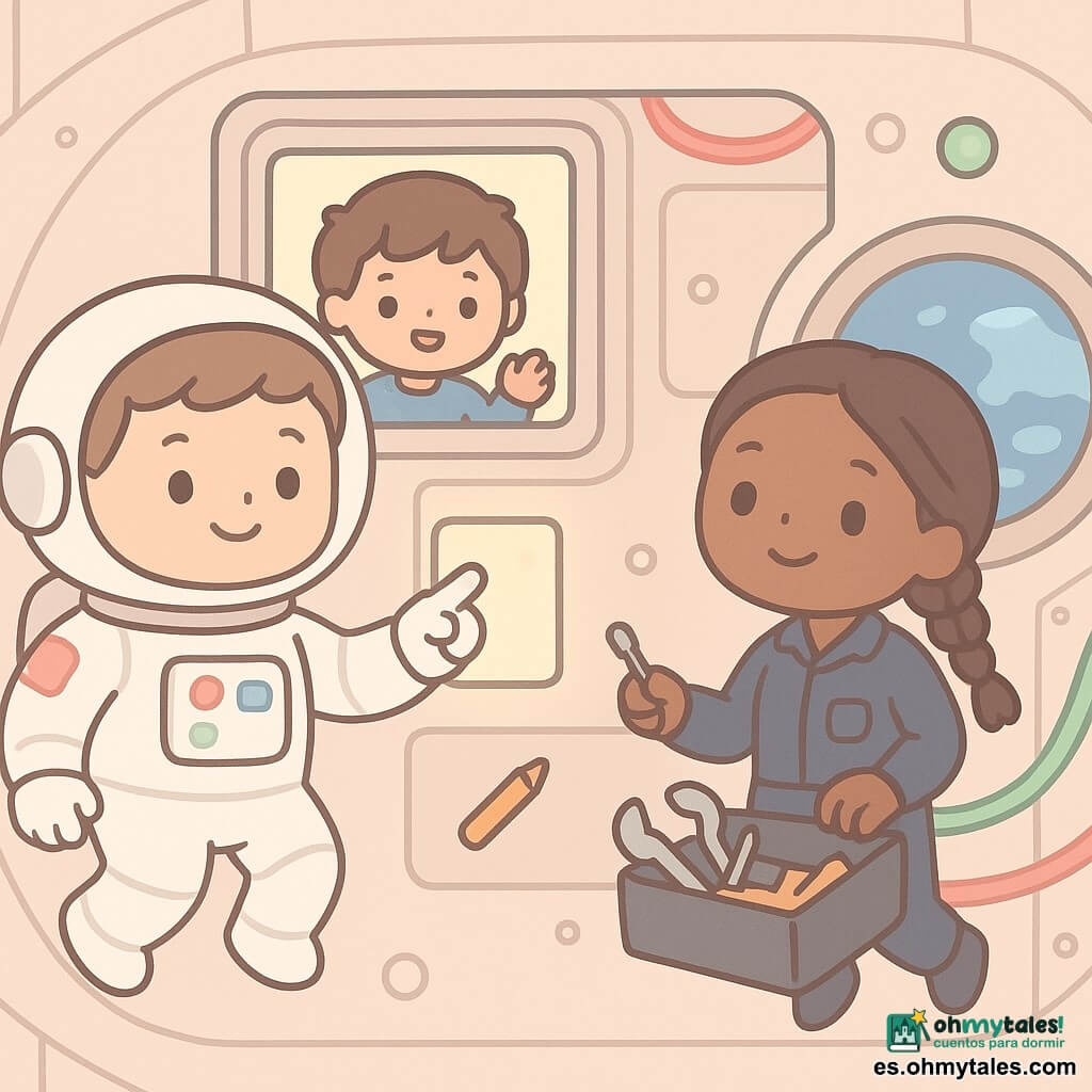 Hombre astronauta sonriente y concentrado, rostro redondo y pelo corto castaño claro, con traje espacial blanco con parches coloridos, flotando y comprobando un panel iluminado con un dedo; a su lado una ingeniera de unos 30 años con el pelo trenzado y ropa azul marino flota con una caja de herramientas abierta con llaves y un destornillador pequeño, ofreciéndosela; en una pantalla rectangular fijada a la pared aparece un niño de unos 8 años con el pelo despeinado que saluda y sonríe desde la Tierra; interior de la estación con paredes metálicas suaves, cables coloridos y pequeñas luces LED rosa y verde, y un gran escotillón que muestra la Tierra azul con nubes; momento tranquilo antes de dormir mientras el astronauta revisa el aire y el sistema de agua, herramientas y caja flotan y un lápiz flota cerca, con una atmósfera cálida, reconfortante y ligeramente mágica.