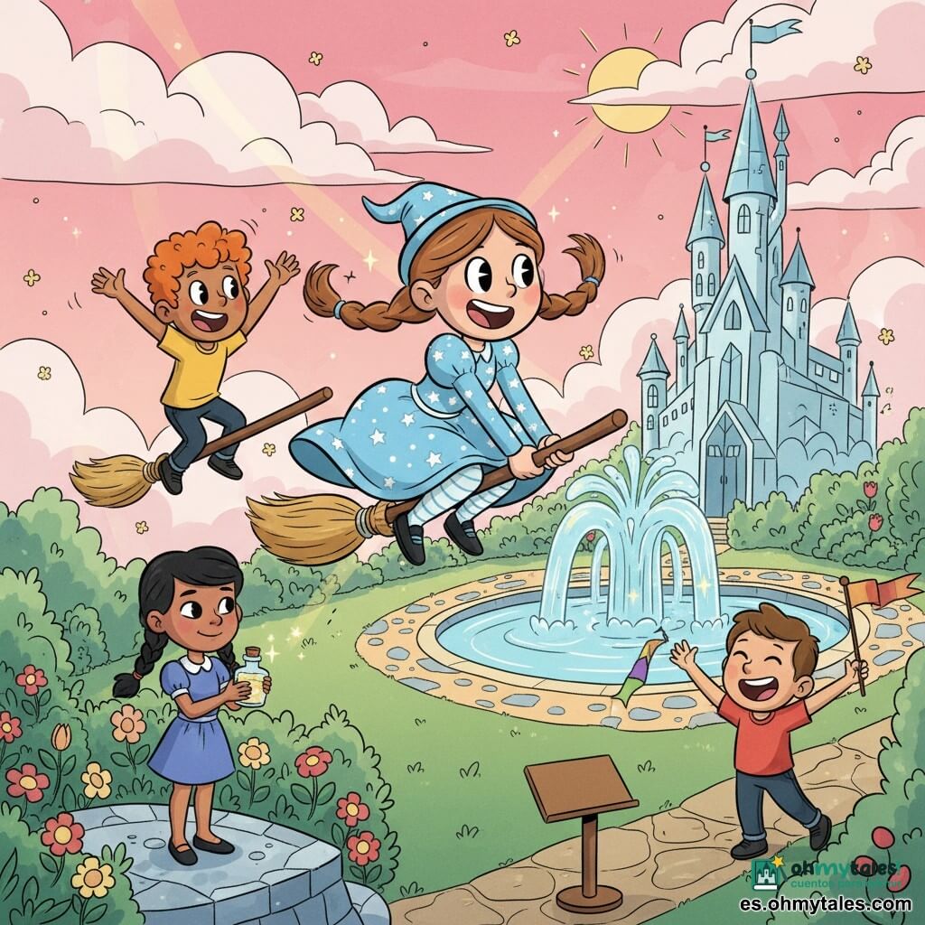 Clara, una niña bruja de 8 años, alegre y resuelta, con coletas castañas y vestido azul celeste con estrellas blancas, sostiene una pequeña varita y vuela en una escoba de madera brillante; Leo, niño de 9 años de rizos pelirrojos, sonriente, vuela detrás animando; Lía, niña de 8 años de trenza negra y mirada concentrada, sostiene un frasco de poción brillante junto a un matorral de flores danzantes; Tomás, niño de 8 años de cabello castaño corto, emocionado, agita una pequeña bandera desde el jardín junto a un pupitre de madera. Escenario: jardín encantado alrededor de un castillo de cristal con césped verde, flores luminosas, fuentes de luz y senderos de mosaico; ambiente luminoso y festivo con nubes rosas, rayos dorados y luciérnagas. Situación principal: carrera amistosa de escobas en un torneo mágico; Clara lidera haciendo una curva sobre una fuente brillante mientras sus amigos la animan. Estilo gráfico: trazos redondeados, colores saturados y contrastados, sombreado simple, expresiones exageradas y siluetas dinámicas, composición centrada en la acción aérea.