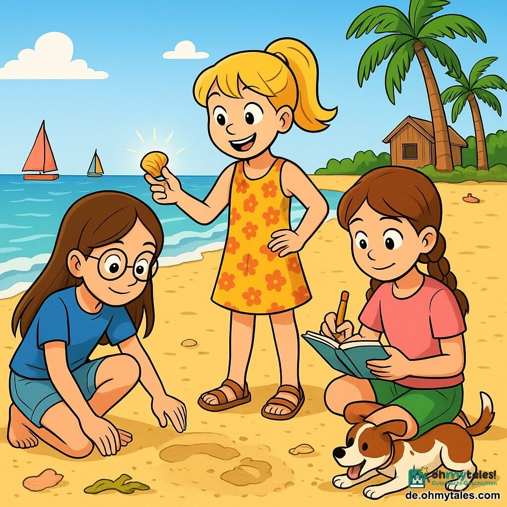 Es gibt 4 Charaktere: - Lena: ein 11-jähriges Mädchen mit langen braunen Haaren und runden Brillen. Sie trägt ein blaues T-Shirt und eine Jeansshorts. Sie hockt und untersucht einen Fußabdruck im Sand. - Mia: ein 10-jähriges Mädchen mit blonden Zöpfen und einem schelmischen Lächeln. Sie trägt ein Blumenkleid und Sandalen. Sie steht und zeigt auf eine kleine Muschel, die in der Sonne glänzt. - Johanna: ein 11-jähriges Mädchen mit kastanienbraunen Haaren und Zöpfen. Sie trägt ein rosa T-Shirt und eine grüne Shorts. Sie sitzt im Sand, hält ein Notizbuch und einen Bleistift und ist bereit, Hinweise aufzuschreiben. - Ein Hund: ein kleiner brauner Hund mit weißen Flecken, der begeistert im Sand gräbt, nahe dem Strand. Der Ort ist ein sonniger Strand mit goldenem Sand, der in der Sonne glitzert. Sanfte Wellen brechen am Ufer, und in der Ferne sind bunte Segelboote zu sehen. Muscheln und Algen sind am Boden verstreut, während eine kleine Holzhütte rechts steht, umgeben von Palmen. Die Hauptsituation der Geschichte zeigt die Kinder bei einer Untersuchung, auf der Suche nach Hinweisen, um eine geheimnisvolle Schatzkiste zu finden. Sie sind alle konzentriert, durchsuchen den Sand und zeigen Aufregung und Neugier auf ihren Gesichtern.