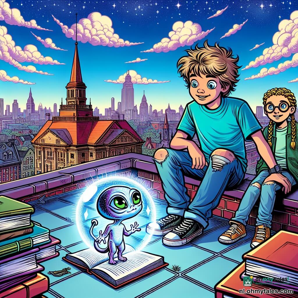 Een 12-jarig jongetje met rommelig bruin haar en nieuwsgierige ogen staat op het dak van een bibliotheek. Hij draagt een felblauw t-shirt en een gescheurde spijkerbroek, met een uitdrukking van verwondering en opwinding. Naast hem staat een 12-jarig meisje met gevlochten blond haar en ronde brillen, dat aandachtig naar een klein buitenaards wezen kijkt. Het buitenaardse wezen is klein, heeft glanzende lavendelkleurige huid, grote groene ogen en lange vingers die lichtjes glinsteren. Het dak is omringd door rode bakstenen schoorstenen en grijze dakpannen, met een panoramisch uitzicht op een bruisende stad beneden. De lucht is helderblauw met donzige witte wolken. Het jongetje en het meisje ontdekken samen een mysterieus lichtgevend voorwerp, een klein kompas dat tussen hen in zweeft en lichtflitsen afgeeft. De sfeer is magisch en vol beloftes van avonturen.