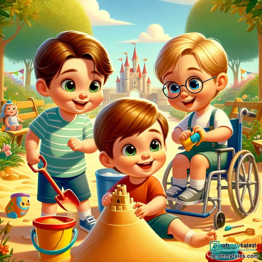 In einem sonnigen Park spielen drei dreijährige Jungen zusammen. Max, ein kleiner Junge mit braunen Haaren und funkelnden Augen, steht links und hält eine rote Plastikkelle. Tom, ein anderer kleiner Junge mit blonden Haaren und blauen Augen, ist rechts und füllt einen Eimer mit goldenem Sand. In der Mitte sitzt Leo, ein Junge mit braunen Haaren und Brille, in seinem schönen Rollstuhl, lächelt und hält einen Eimer Wasser.

Der Park ist grün, mit großen Bäumen und einem klaren blauen Himmel, der mit einigen weißen Wolken übersät ist. Zu ihren Füßen erstreckt sich ein großer Strand aus goldenem Sand, und eine wunderschöne Sandburg steht stolz da, geschmückt mit bunten Fahnen.

Die drei Freunde arbeiten zusammen, um ihre Sandburg wieder aufzubauen, lachen und ermutigen sich, während ein großer Sandhaufen zusammengefallen ist. Leo, mit einem breiten Lächeln, bietet an, Wasser zu holen, um den Sand zu befeuchten, was die Stärke ihrer Freundschaft zeigt.