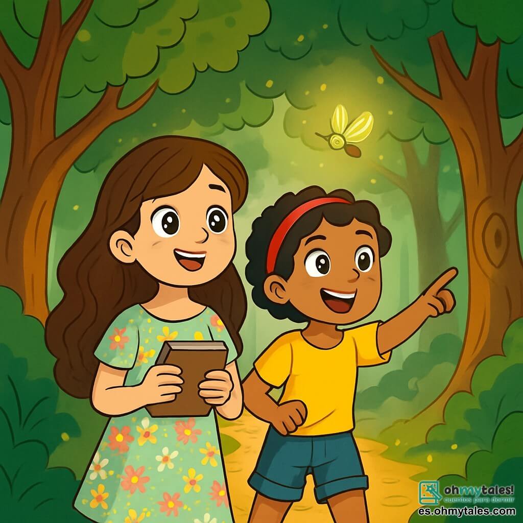 Hay 2 personajes principales: Luna, una niña de 10 años con largos cabellos ondulados castaños, ojos brillantes como estrellas y una sonrisa curiosa, que lleva un vestido ligero con motivos florales y sostiene un pequeño cuaderno; y Valeria, también de 10 años, con cabello corto y rizado negro, ojos llenos de determinación y una cinta roja en la cabeza, vestida con una camiseta amarilla brillante y un short de mezclilla, lista para explorar. Ambas amigas están al inicio de un sendero misterioso, rodeadas de grandes árboles con troncos gruesos y nudosos, cuyas hojas brillantes forman un techo verde. El suelo está cubierto de hojas doradas que brillan bajo la luz del sol, y una suave bruma flota a su alrededor, creando una atmósfera mágica. La situación principal muestra a Luna y Valeria, asombradas, siguiendo a una pequeña criatura parecida a una luciérnaga que las guía a través del Bosque de los Mil Susurros, con rayos de luz filtrándose entre las ramas e iluminando sus rostros llenos de asombro y emoción.
