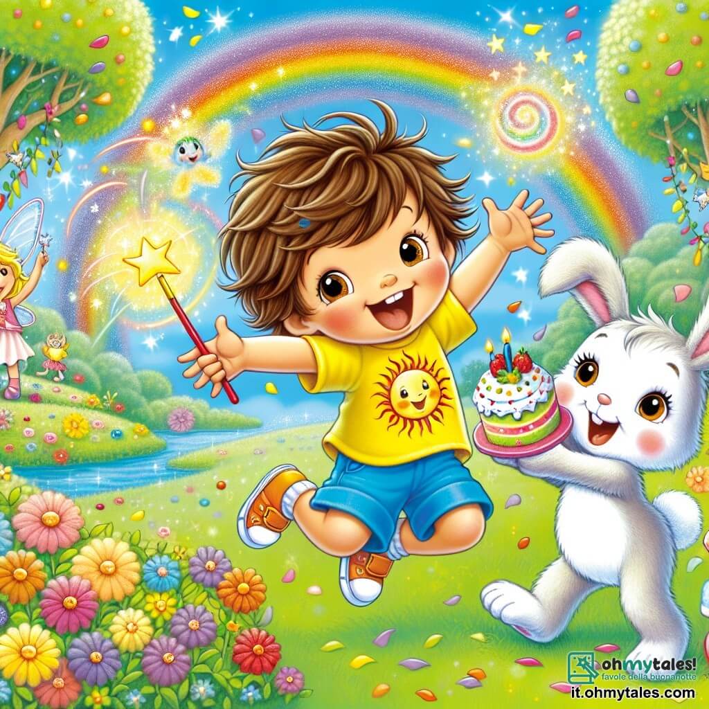 Un bambino di 4 anni, con i capelli castani arruffati e gli occhi scintillanti di gioia, salta felice in un parco magico. Indossa una maglietta gialla con un disegno di sole e un pantaloncino blu, tenendo in mano una fetta di torta e sorridendo. Accanto a lui, un adorabile coniglietto di nome Pippo, con pelliccia bianca e un grande cappello rosso, fa un gesto magico circondato da coriandoli colorati. Più lontano, una bella fata di nome Stella, con ali scintillanti e un vestito rosa, sorride con una bacchetta magica pronta a far apparire bolle colorate. Il parco è incantevole, con alberi dalle foglie brillanti e fiori danzanti. La scena principale mostra il bambino che festeggia il suo compleanno con amici magici, circondato da risate e colori, mentre cattura bolle che fluttuano, creando un'atmosfera di gioia e magia.