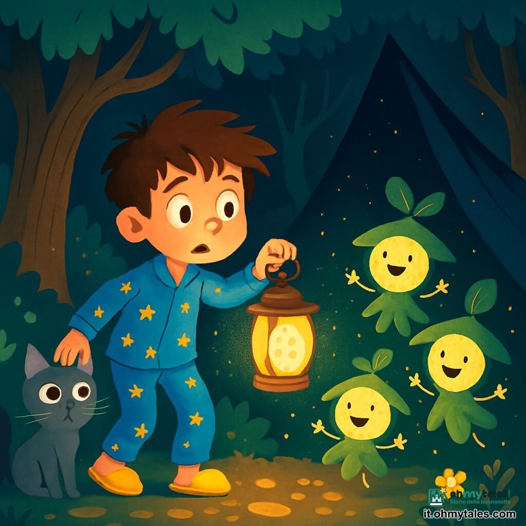 Un bambino di 8 anni, Matteo, con capelli castani disordinati e occhi brillanti di curiosità, tiene una lanterna che illumina il suo viso preoccupato. Indossa un pigiama blu a stelle e pantofole gialle. Accanto a lui, un piccolo gatto dagli occhi argentati, con baffi lunghi e pelliccia setosa, osserva attentamente nella notte. Nell'ombra, Ombrelle scintillanti, creature luminose fatte di polvere di luna e foglie, danzano attorno a loro, i loro volti gioiosi e rotondi illuminati dalla lanterna. La scena si svolge in una foresta misteriosa, dove grandi alberi con tronchi nodosi si ergono, le loro fronde formano un tetto di fogliame denso. Il terreno è coperto di foglie dorate e piccoli fiori luminescenti che aggiungono un tocco magico all'atmosfera. Matteo, con un misto di paura e determinazione, si avvicina a una grande coperta scura sospesa tra due alberi, che sembra assorbire la luce della luna, mentre le Ombrelle lo incoraggiano a parlare alla notte.