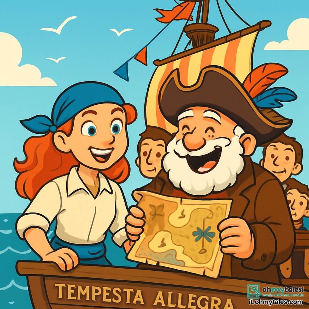 Una giovane donna dai capelli rossi e dagli occhi scintillanti, Marina, si trova orgogliosamente sul ponte della nave "Tempête Allegra". Indossa un bandana blu e una camicia di lino, e il suo volto esprime una determinazione gioiosa. Accanto a lei, il capitano Barbafluff, un uomo robusto di circa 50 anni con una barba morbida come il cotone, ride mostrando una vecchia mappa del tesoro. Indossa una giacca di pelle consumata e un cappello da pirata decorato con piume colorate. Lo sfondo è un oceano scintillante sotto un cielo azzurro, con onde dolci e gabbiani che volano sopra. Marina e Barbafluff esaminano la mappa misteriosa, circondati da membri dell'equipaggio curiosi, mentre si preparano a partire per un'avventura alla ricerca dell'Isola delle Leggende Perdute.
