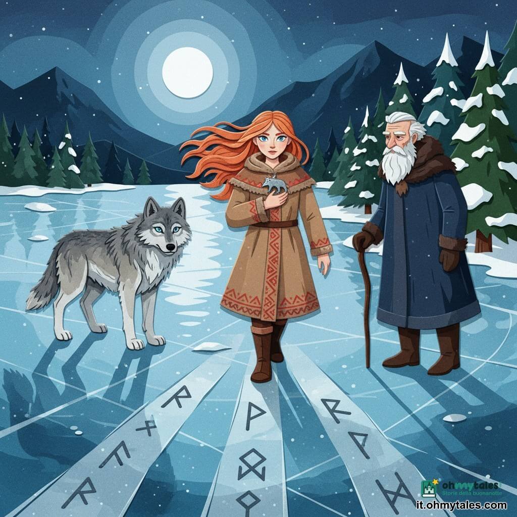 Astrid, giovane donna di circa 20 anni dal volto risoluto e occhi vivaci, capelli rossi come l'aurora, vestita con un manteau di pelle di renna dai bordi ricamati, cammina sicura sulla superficie ghiacciata tenendo un amuleto a forma di lupo sul petto; Fenrir, un grande lupo dal pelo grigio-argento e occhi color ghiaccio, è a pochi passi a sinistra, immobile e protettivo; Bjorn, uomo anziano di circa 70 anni, alta sagoma al bordo della foresta a destra, barba bianca, cappotto spesso e bastone di legno, osserva dalla radura di pini; il luogo è un lago ghiacciato specchiante con crepe argentate e rune incise nel ghiaccio, circondato da pini innevati e montagne scure sotto una luna piena riflessa; scena principale: Astrid e Fenrir davanti a tre sentieri ghiacciati segnati da rune, notte fredda e limpida, atmosfera di sfida e mistero, contrasti netti, palette fredda (blu, bianco, grigio) con tocchi caldi su Astrid (rosso, rame); stile carta ritagliata con forme nette, ombre semplici, texture di carta visibili e contorni pronunciati.