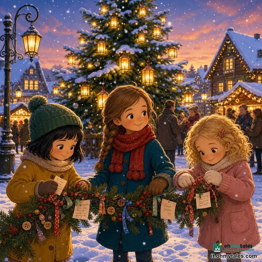 Tre bambine di 7 anni: Livia (capelli castano chiaro in treccia, cappotto petrolio, sciarpa rossa con pon pon) al centro che tiene una ghirlanda e sorride; Sara (capelli corti neri, berretto verde con pon pon, cappotto senape) a sinistra con un bigliettino in mano che aiuta a reggere la ghirlanda; Mira (capelli biondi ricci, cappotto rosa cipria, guanti color crema) a destra che lega l'ultimo nastro. Scena in una piazza di paese innevata al crepuscolo con un grande albero di Natale illuminato, casette decorate e lanterne calde; le bambine mostrano una ghirlanda di rami di abete, bacche rosse, bottoni, nastri colorati e piccoli foglietti scritti, tenendola davanti all'albero mentre alcuni adulti sfocati osservano, atmosfera calda e speranzosa.