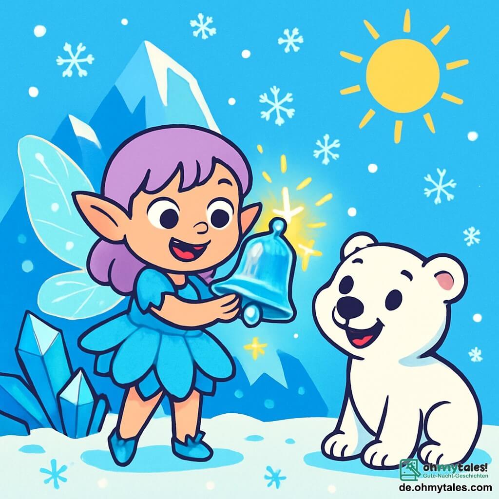 Ein kleines weibliches Elfchen namens Lila, mit zarten, glitzernden Flügeln und einem Kleid aus gefrorenen Blütenblättern, lächelt fröhlich, während sie eine schöne Kristallglocke hält, die im Licht funkelt. Ihre Augen strahlen vor Aufregung und Glück. Neben ihr sitzt ein junger Eisbär namens Leo, mit weichem, schneeweißem Fell, der Lila mit einem breiten Lächeln ansieht, seine Pfoten auf dem verschneiten Boden. Ihre Umgebung ist ein wunderschöner Eismountain, wo funkelnde Kristalle und Schneeflocken in der Luft tanzen. Der Himmel ist strahlend blau und die Sonne scheint, die Szene in goldenes Licht tauchend. Die Hauptsituation zeigt Lila und Leo, die die Entdeckung einer neuen Kristallglocke feiern, umgeben von sanft fallenden Schneeflocken, die eine magische und fröhliche Atmosphäre schaffen.