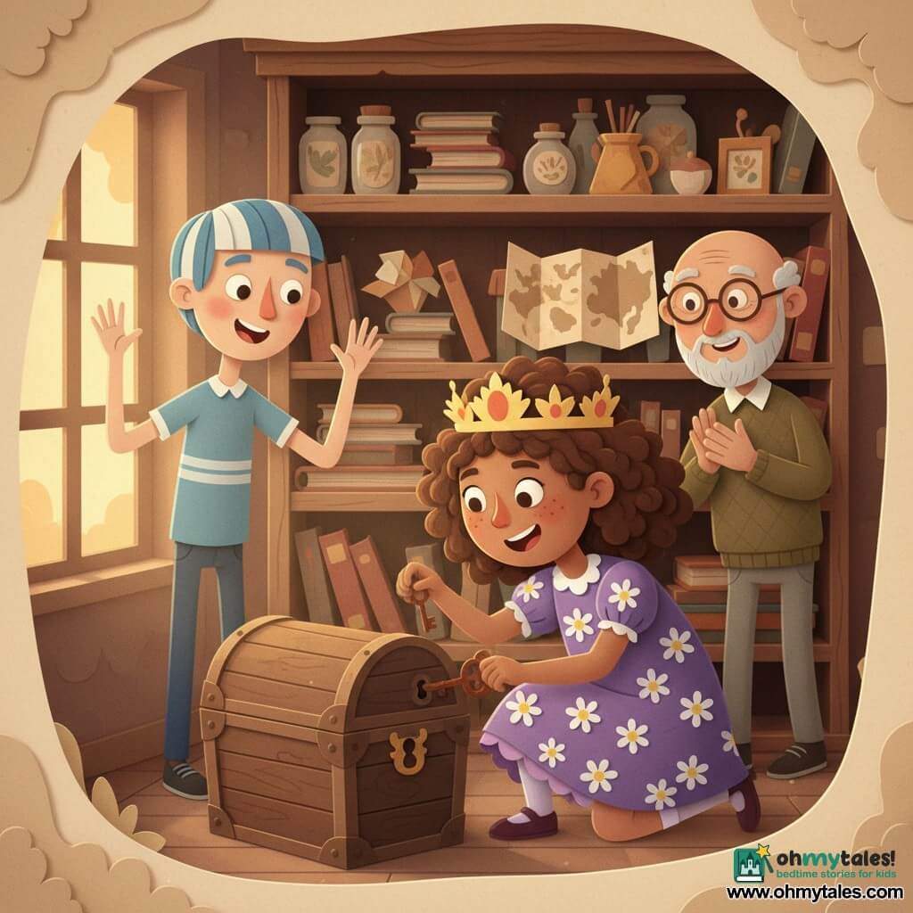 A joyful, determined 10-year-old girl with a round, freckled face and chestnut curls in a crown, wearing a purple dress with small daisies, crouches before an ornate old wooden box holding a small rusted key as she inserts it into the lock; to her left Sam, a tall, skinny 10-year-old boy in a blue striped T‑shirt, stands surprised with his hands raised, while Mr. Bumbles, a kind, relieved ~70-year-old man with round glasses and a short gray beard, stands in the background near a wooden shelf applauding softly—all inside a warm, dusty curiosity shop of warped shelves, old books, jars, maps and golden light through a small‑paned window, captured in a moment of bright expressions, expressive gestures, paper confetti-like flecks, sharp shadows and warm colors evoking a gentle, mysterious adventure.