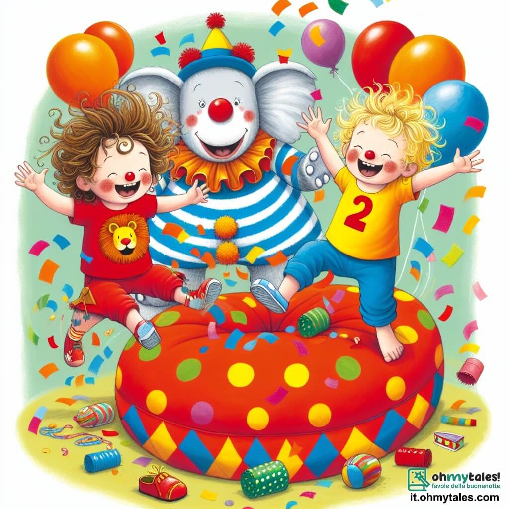 In un circo colorato, due bambini di 8 anni, Luca e Marco, sono al centro dell'immagine. Luca ha i capelli castani e indossa una maglietta rossa con un disegno di leone, mentre Marco ha i capelli biondi e indossa un cappellino blu. Saltano felicemente su un grande cuscino morbido, circondati da coriandoli colorati che volano nell'aria. A destra, un clown gioioso di nome Pipo, con un grande naso rosso e capelli arruffati, li osserva ridendo. Indossa un costume multicolore con pois e righe, facendo un gesto divertente con le braccia. A sinistra, un'elefantessa di nome Ella, con grandi orecchie morbide, indossa un cappello a pois e tiene una grande palla colorata con la proboscide. Sorride ai bambini, pronta a giocare con loro. Il circo è decorato con tende a righe rosse e bianche, luci scintillanti e palloncini fluttuanti. Sullo sfondo si vedono spettatori meravigliati che applaudono e ridono. La scena mostra Luca e Marco che ridono, rimbalzando sul cuscino, mentre Pipo fa smorfie ed Ella lancia la palla verso di loro, creando un'atmosfera gioiosa e magica.