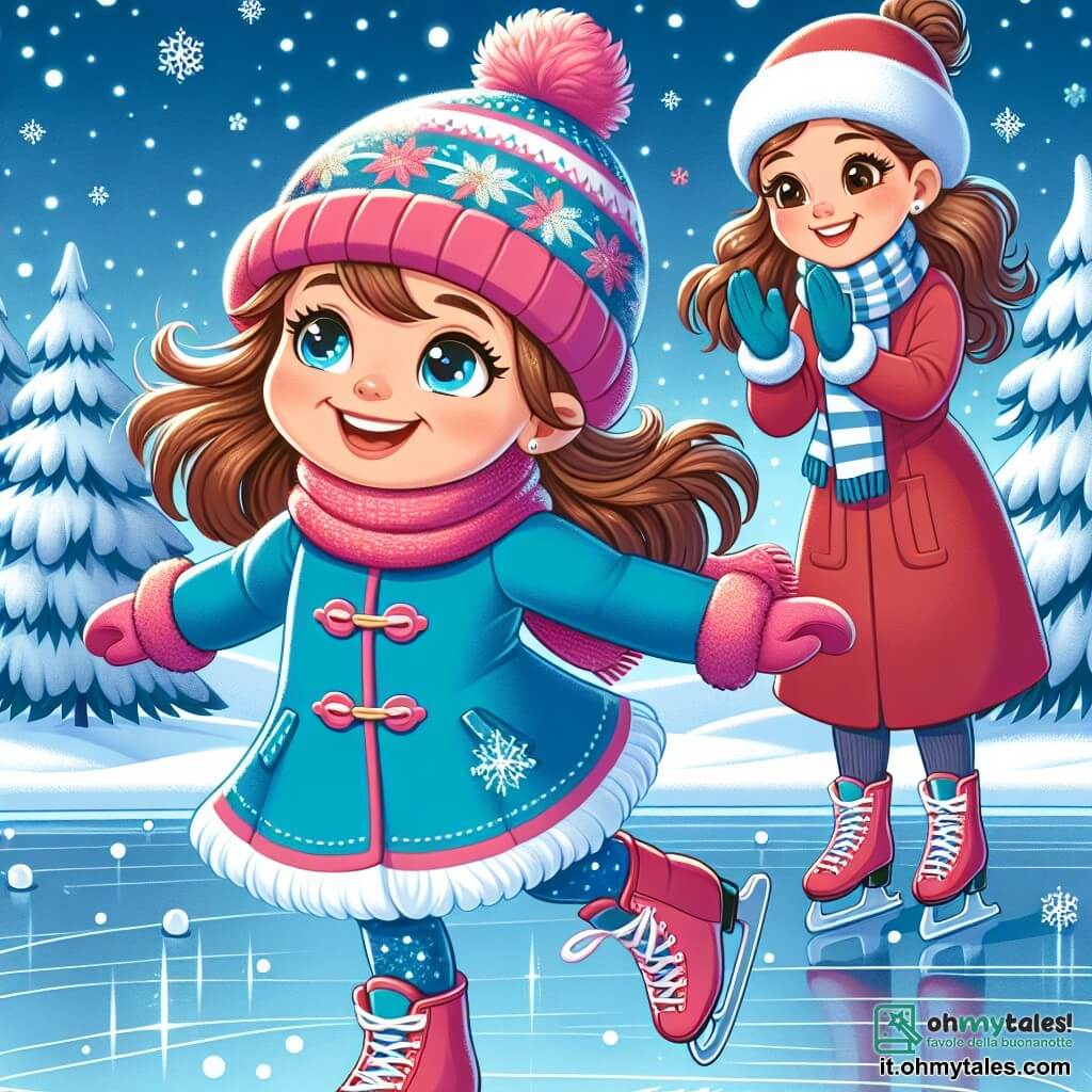 Una ragazza di 11 anni, Sofia, con lunghi capelli castani e occhi brillanti, sta pattinando felicemente su un lago ghiacciato. Indossa un cappotto blu vivo, un berretto di lana rosa e guanti colorati, con il viso che trasmette felicità ed eccitazione. Vicino a lei, sua madre, Elena, di circa 35 anni, con capelli castani raccolti in un chignon e un sorriso caloroso, la incoraggia applaudendo, vestita con un cappotto rosso e una sciarpa a righe. Lo scenario è un paesaggio invernale incantevole, con alberi coperti di neve scintillante e fiocchi di neve che cadono dolcemente dal cielo azzurro. Sofia scivola con grazia sul ghiaccio, ridendo e divertendosi, mentre Elena la osserva con orgoglio, creando un'atmosfera di gioia e complicità in questo quadro invernale.