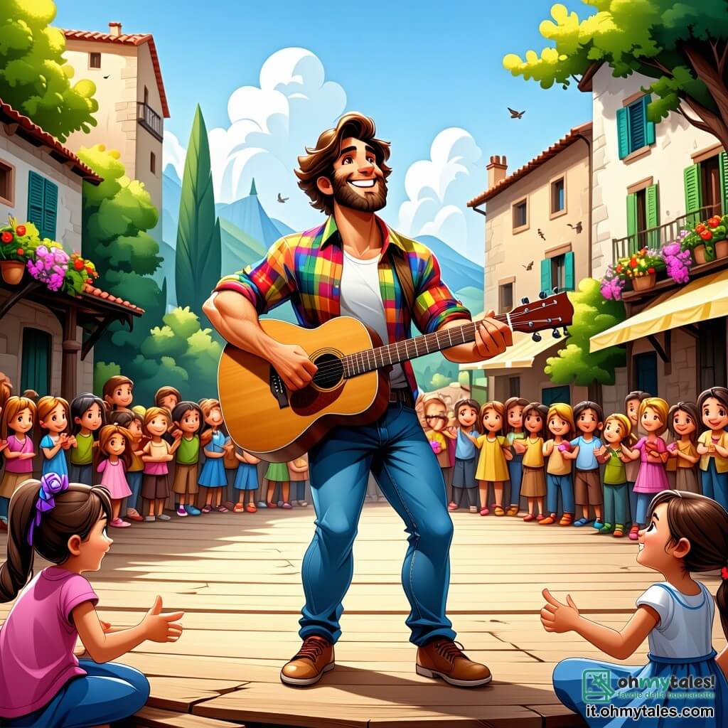 Un uomo, Marco, di circa 30 anni, si trova su un palco di legno in una piccola piazza animata. Ha i capelli ricci e castani, una barba ben curata e indossa una camicia a quadri colorata, con un sorriso radioso sul volto che esprime gioia ed eccitazione. Marco suona la chitarra, le sue dita danzano sulle corde e canta con passione, catturando il suo pubblico. Accanto a lui c'è un ragazzo di 11 anni di nome Luca, pieno di energia. Ha i capelli neri in disordine e indossa una maglietta luminosa con un motivo di sole. Tiene una piccola chitarra, pronto a suonare, e guarda Marco con ammirazione, ispirato dal suo amico. La scena si svolge in una piazza affascinante, circondata da edifici colorati con balconi fioriti. Luci decorative sono appese sopra la folla e i bambini ballano gioiosamente intorno a loro, creando un'atmosfera festosa e calorosa. La situazione principale mostra Marco e Luca che danno un concerto insieme, condividendo il loro amore per la musica con un pubblico entusiasta che applaude e canta all'unisono, creando un momento magico di amicizia e creatività.