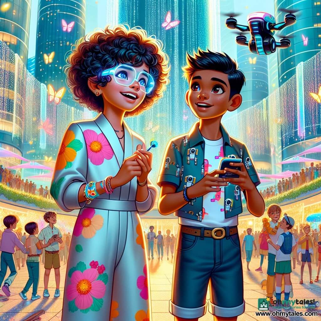 A 12-year-old girl, Mila, with curly, shiny hair and futuristic glasses, smiles in wonder as she stands in the center of a bustling square. She wears a light, colorful jumpsuit adorned with bright floral patterns and holds a small holographic gadget in her hand. Next to her is her best friend Leo, a 12-year-old boy with short, tousled hair, wearing a robot-patterned t-shirt and denim shorts. He looks around with sparkling eyes of curiosity, holding a miniature drone flying above his head. The scene takes place in the central square of Skyhaven, surrounded by shimmering glass towers and hanging gardens, where holograms of butterflies dance in the air. Children play with floating balloons, and delivery robots move between groups of people. Mila and Leo discover a large stage at the center of the square, where a light and music show begins, illuminating their amazed faces.