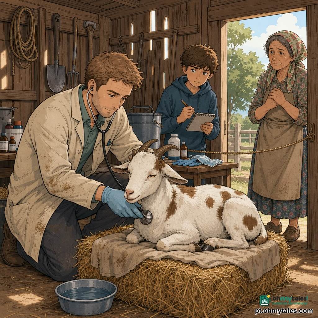 Um veterinário homem calmo e concentrado, rosto suave com algumas rugas, cabelo castanho-claro curto e bata bege com manchas de palha, ajoelhado junto a uma cabra chamada Estrela (branca com manchas castanhas) e encostando um estetoscópio no peito do animal; Tomás, garoto de 12 anos, olhar curioso e sério, cabelo castanho despenteado, com caderno e lápis, em pé atrás de uma corda que marca a "zona limpa", observando atentamente; dona Amélia, mulher de cerca de 60 anos, rosto marcado, mãos calejadas, lenço floral e avental, na porta da arrecadação, apreensiva mas aliviada, observando a cabra à distância; Estrela de olhos semicerrados deitada sobre uma cama de palha limpa com uma manta leve e um pequeno pote de água ao lado; local: pequena remessa de madeira com luz quente filtrando pelas frestas, ferramentas na parede, baldes rotulados "ESTRELA", caixas de remédios e frascos sobre uma mesa rústica e chão de terra varrido com vestígios de palha; situação: exame calmo e cuidadoso de uma cabra doente em quarentena — gestos precisos (estetoscópio, luvas, máscaras visíveis na mesa), corda separadora visível, expressões de cuidado e esperança, atmosfera protetora e reconfortante.